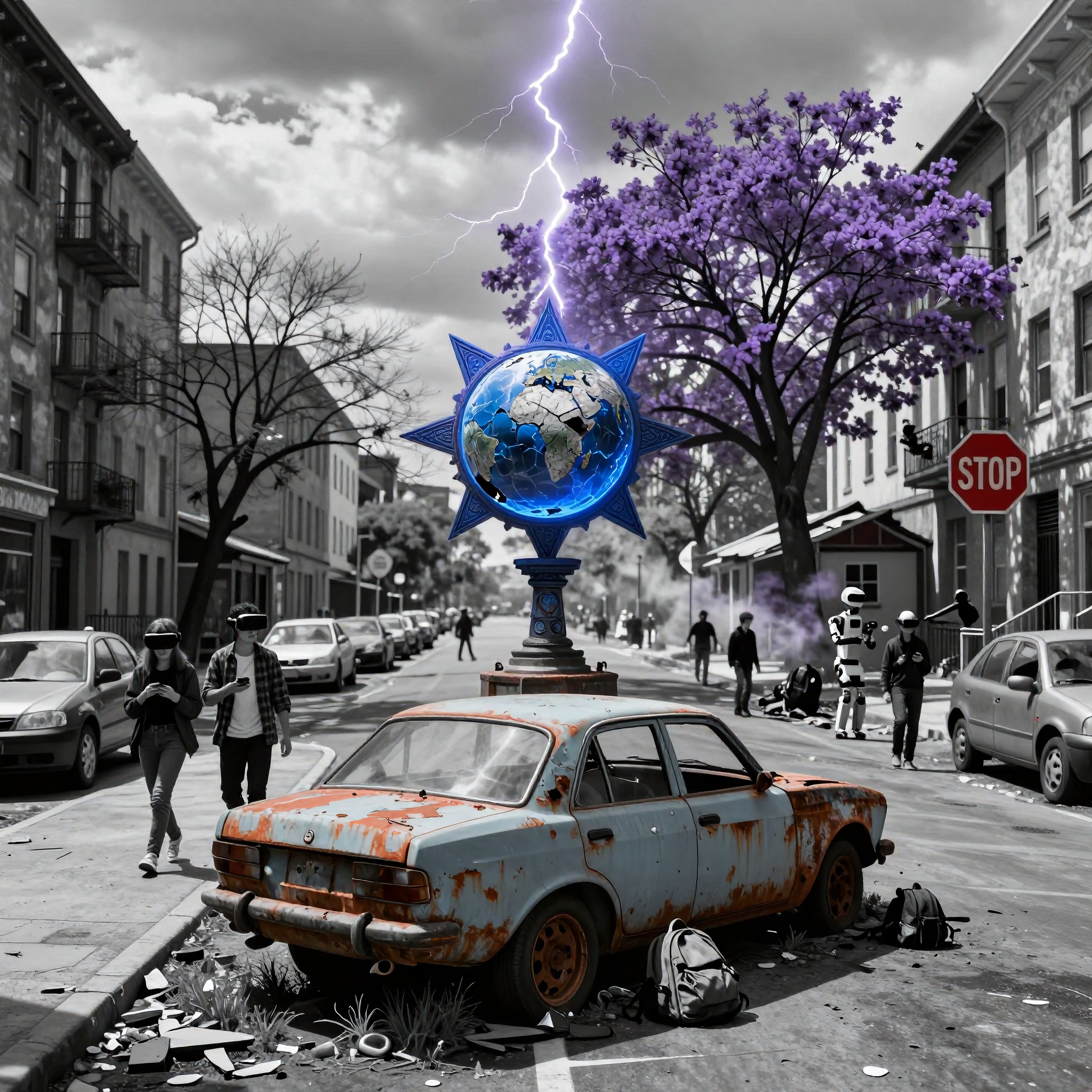 Surreal Urban Street with Glowing Globe and VR Elements