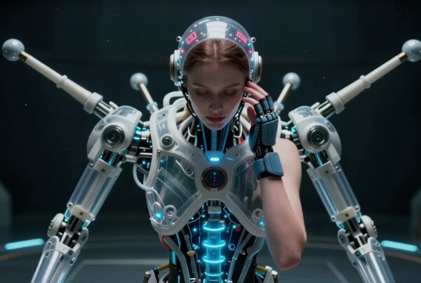 Young female cyborg adjusting neural gear inside high-tech futuristic lab room
