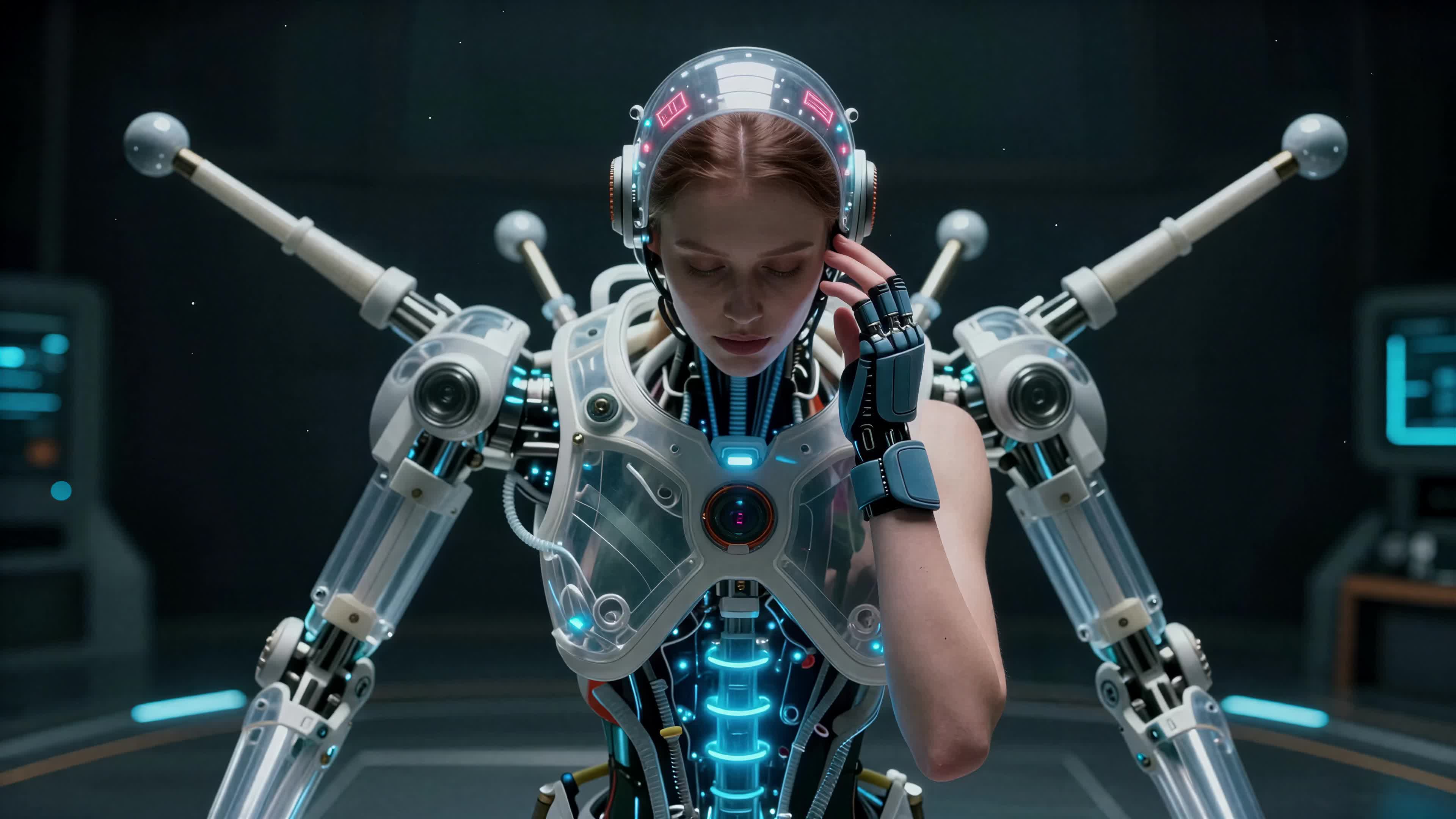 Young female cyborg adjusting neural gear inside high-tech futuristic lab room