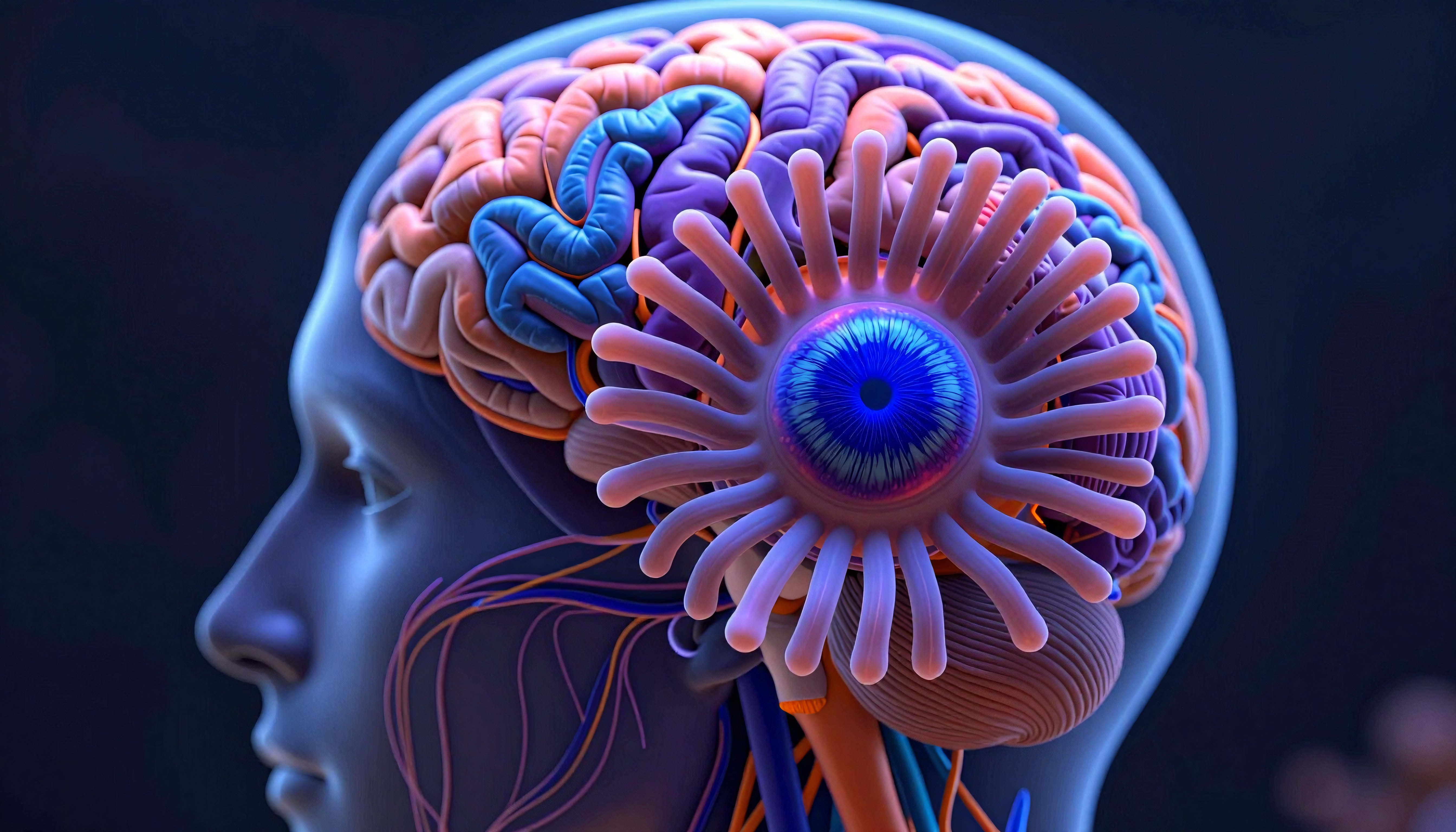 Human Head Profile with Vibrant Neural Network Brain Illustration