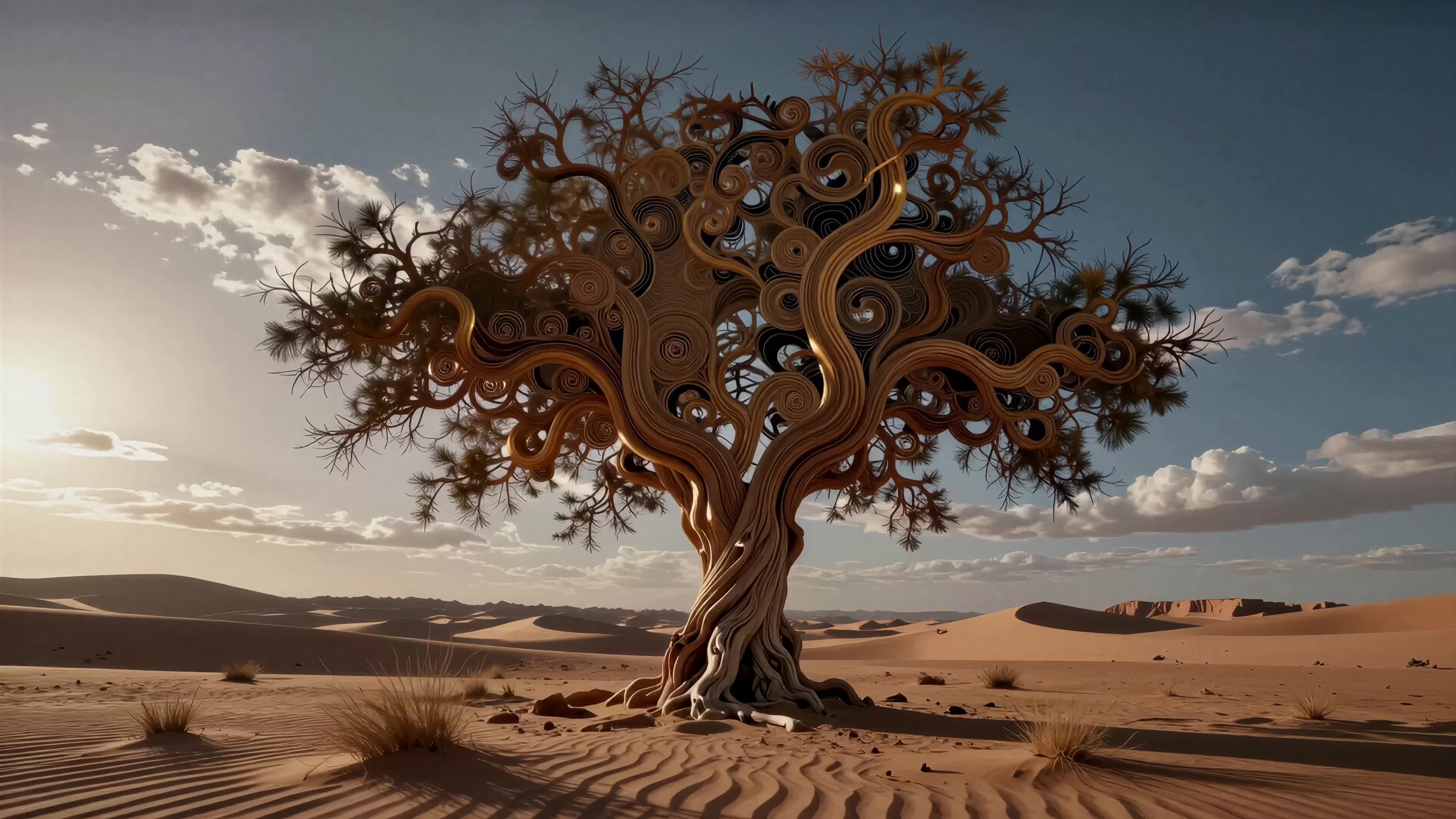 Enigmatic spiral-patterned tree standing majestically amid endless desert sand dunes beneath glowing sunset skies.