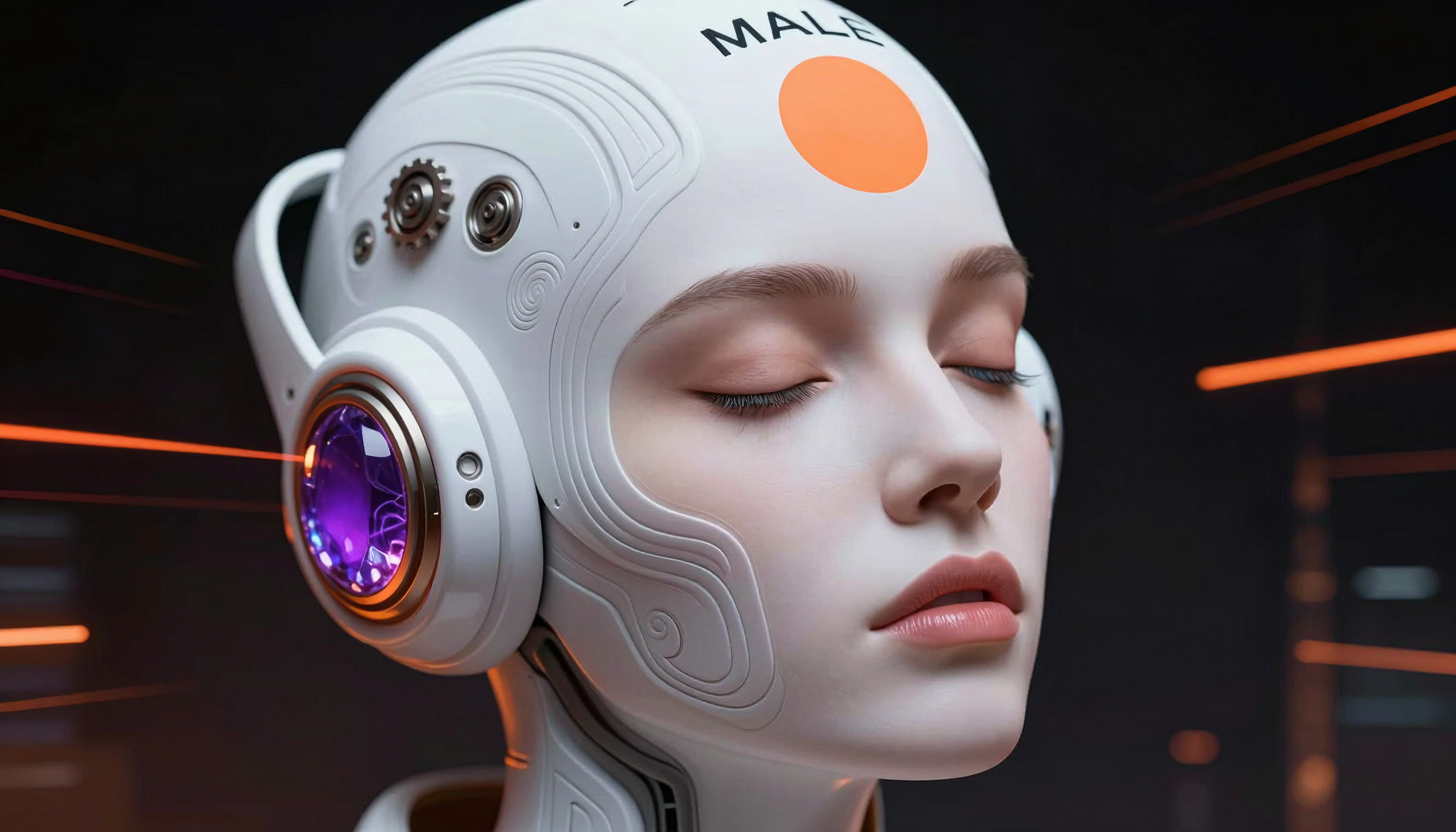Futuristic Humanoid Robot with 'MALE' Label and Glowing Eye in Tech Environment