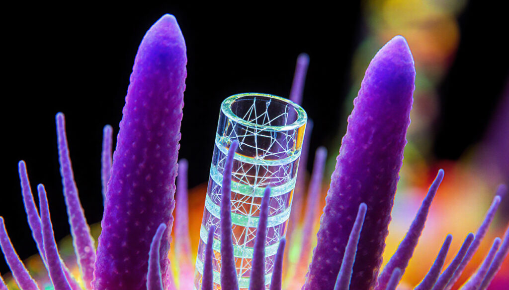 Abstract Scientific Visualization: DNA Helix Against Vibrant Bioluminescent Backdrop