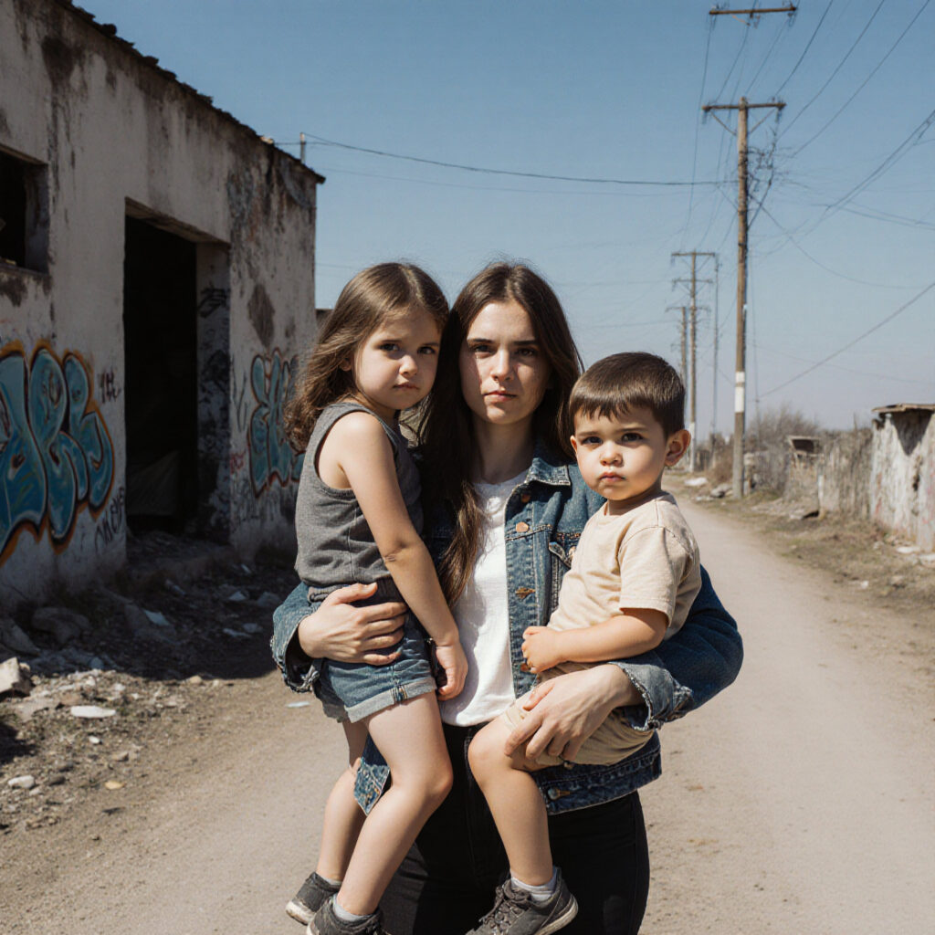 Mother Holding Two Children Amidst Urban Decay with Graffiti