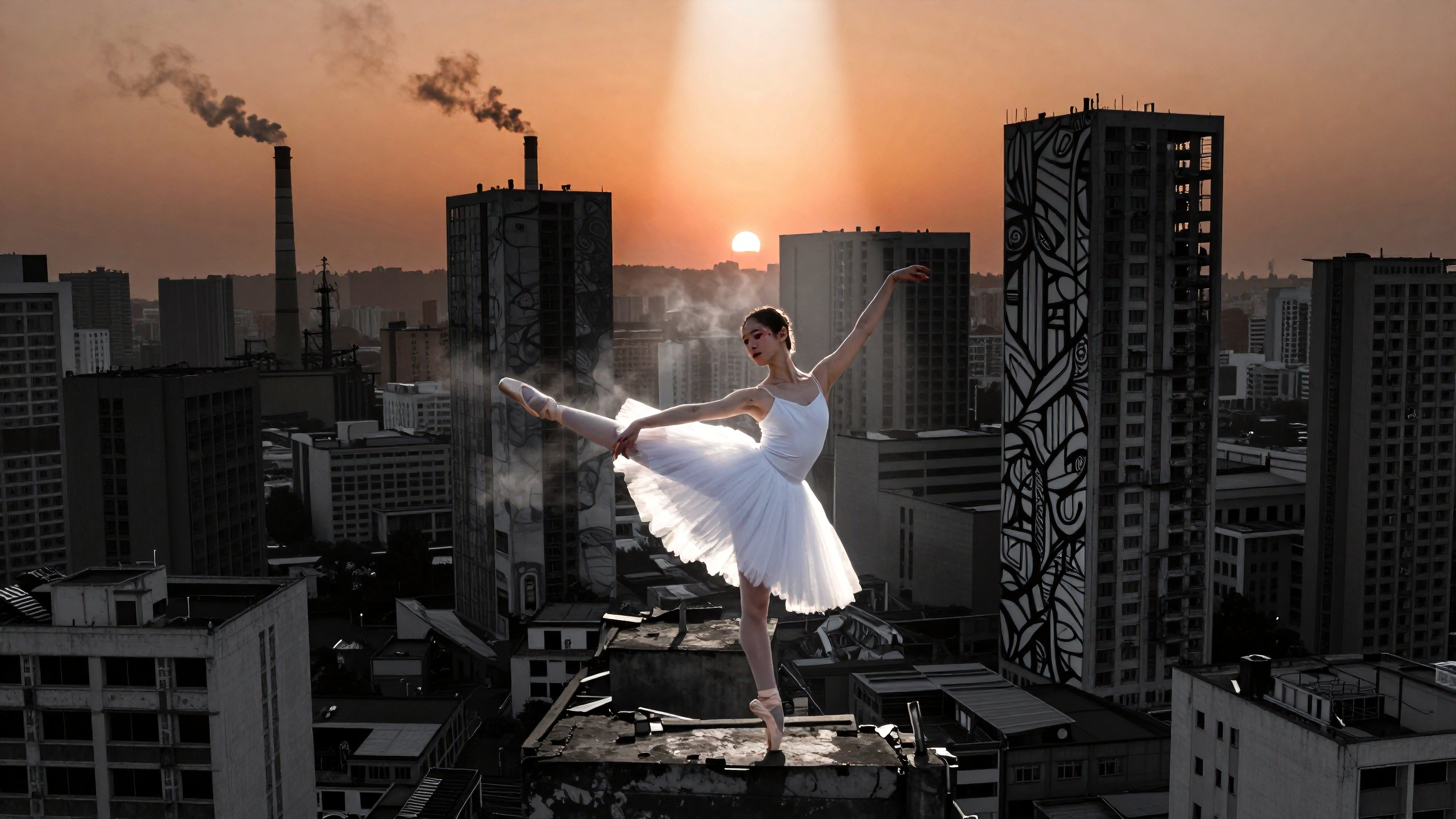 Ballerina on Rooftop Against Urban Sunset Skyline
