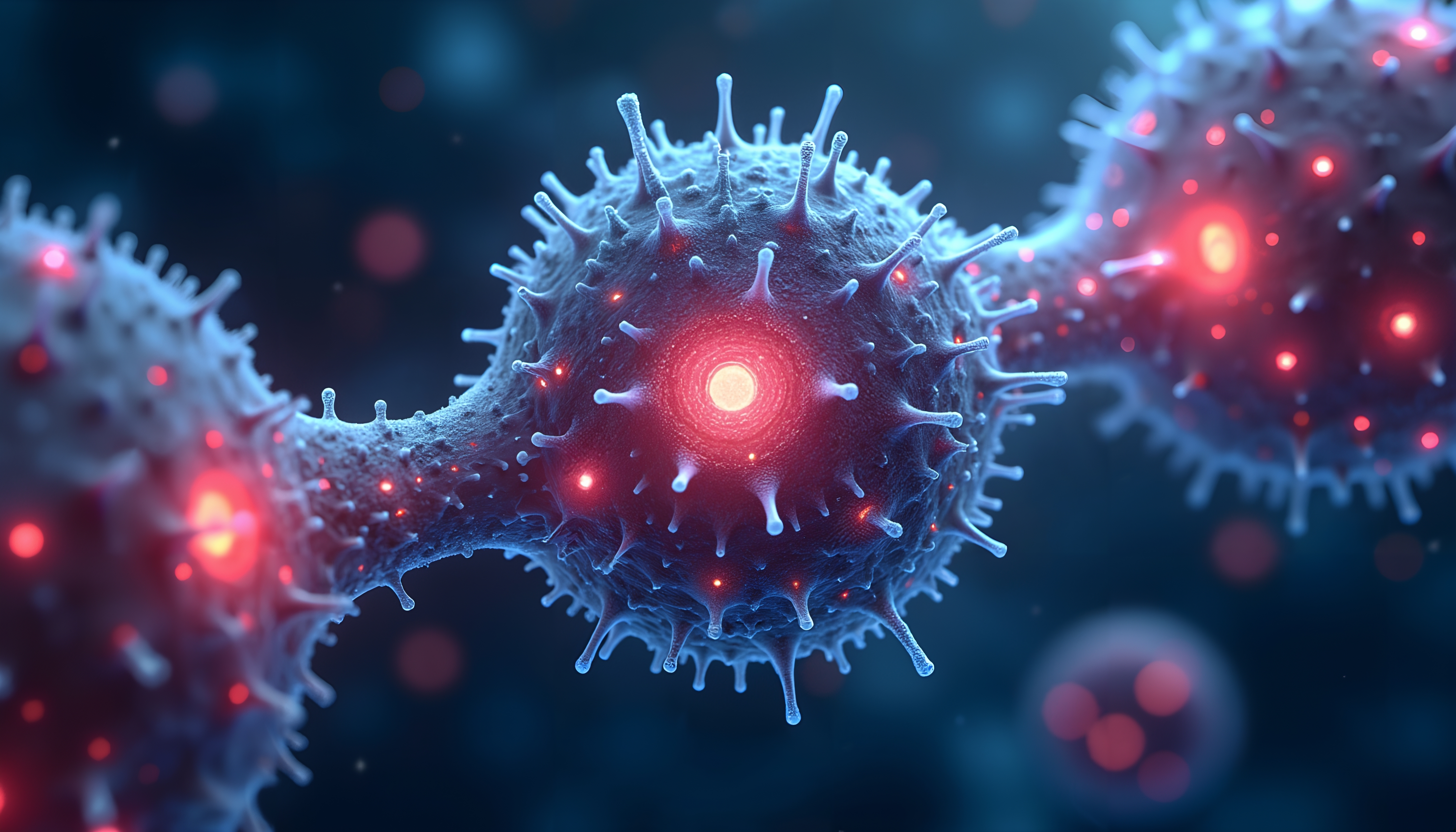 Virus Cells with Spiky Surface Proteins and Glowing Red Cores