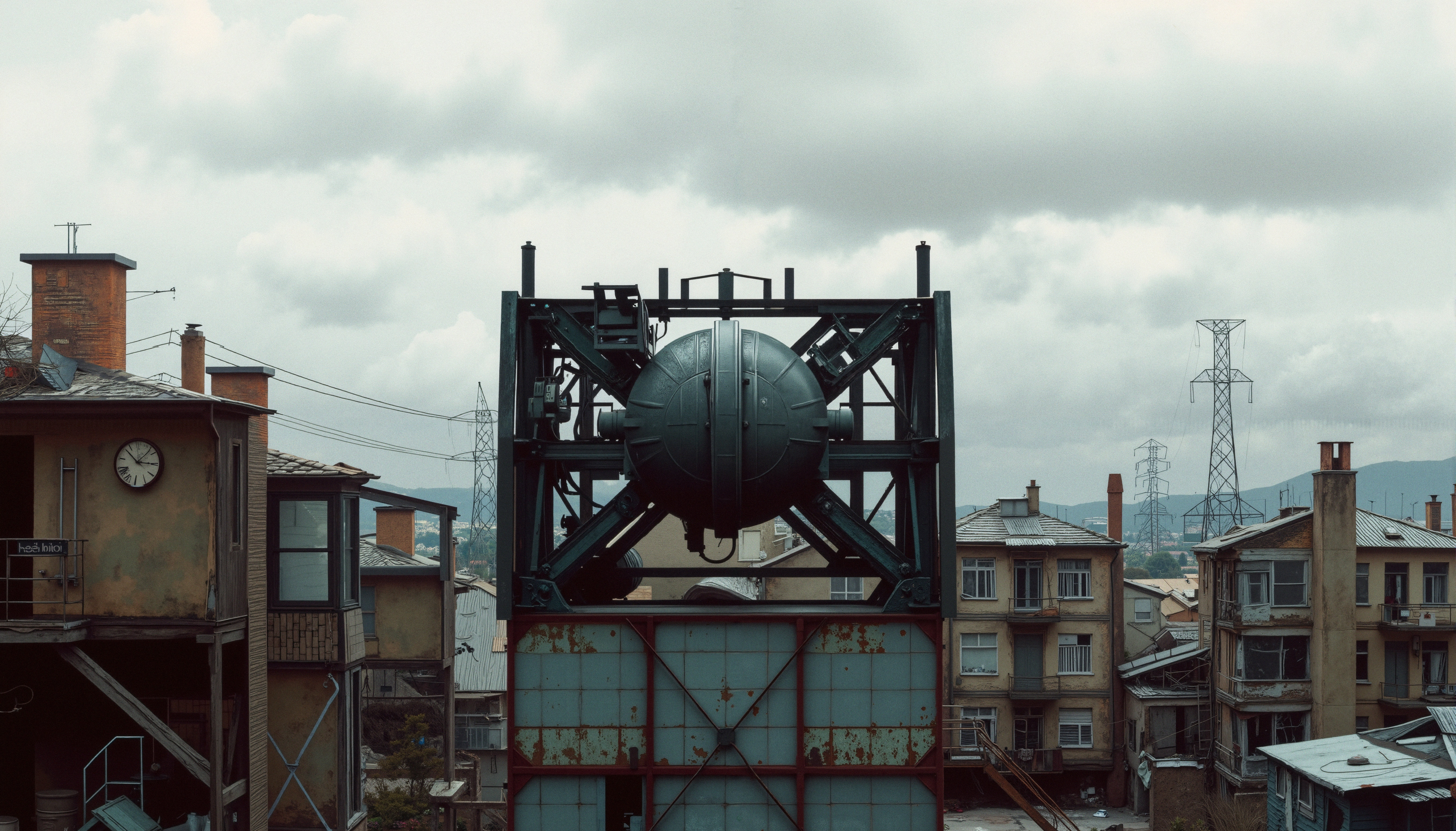 Industrial Spherical Tank on Rooftop in Urban Decay Scene
