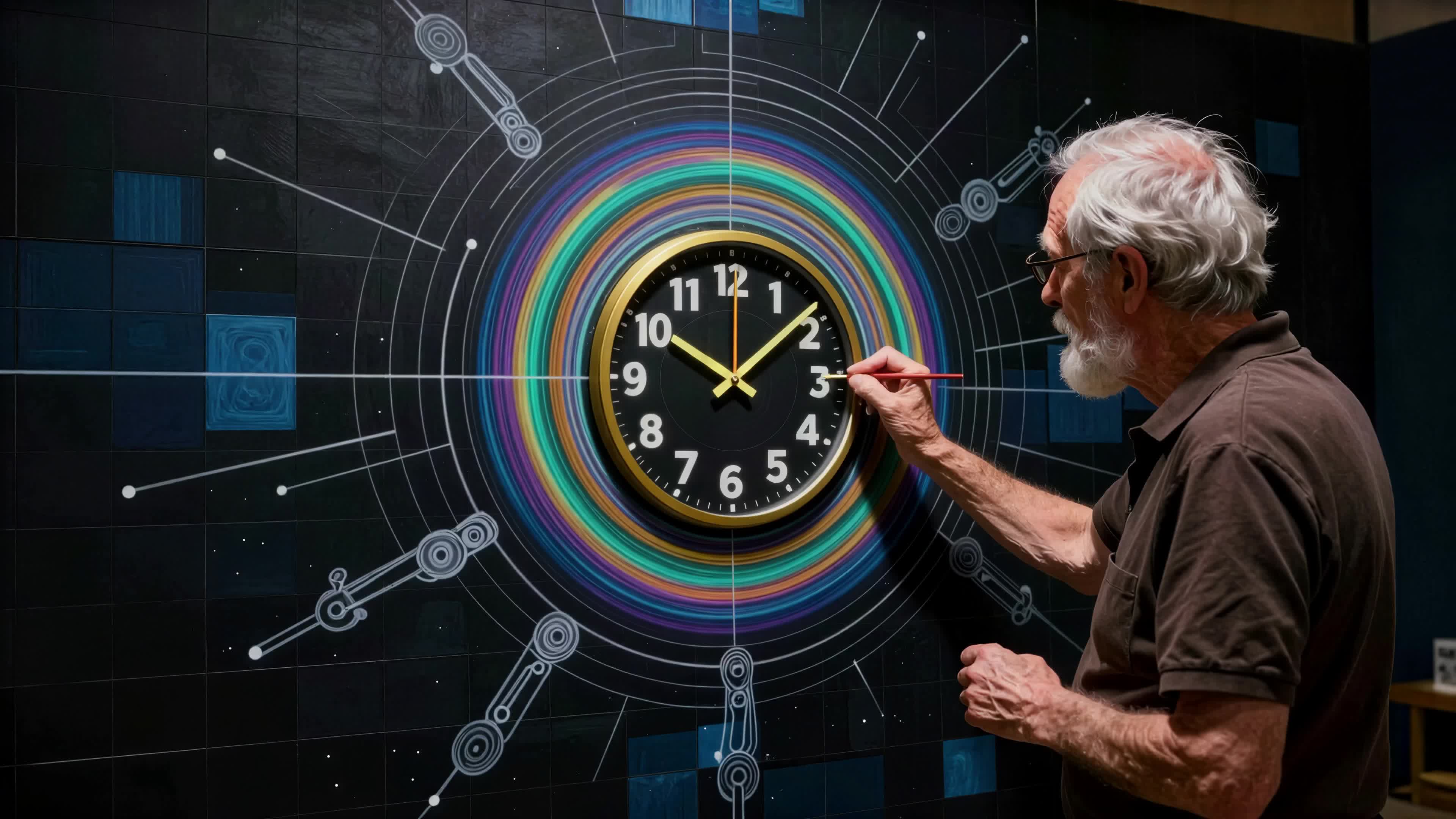 A distinguished elder adjusts a giant ornate clock surrounded by celestial designs and intricate schematics — symbolizing timeless curiosity and scientific wonder.