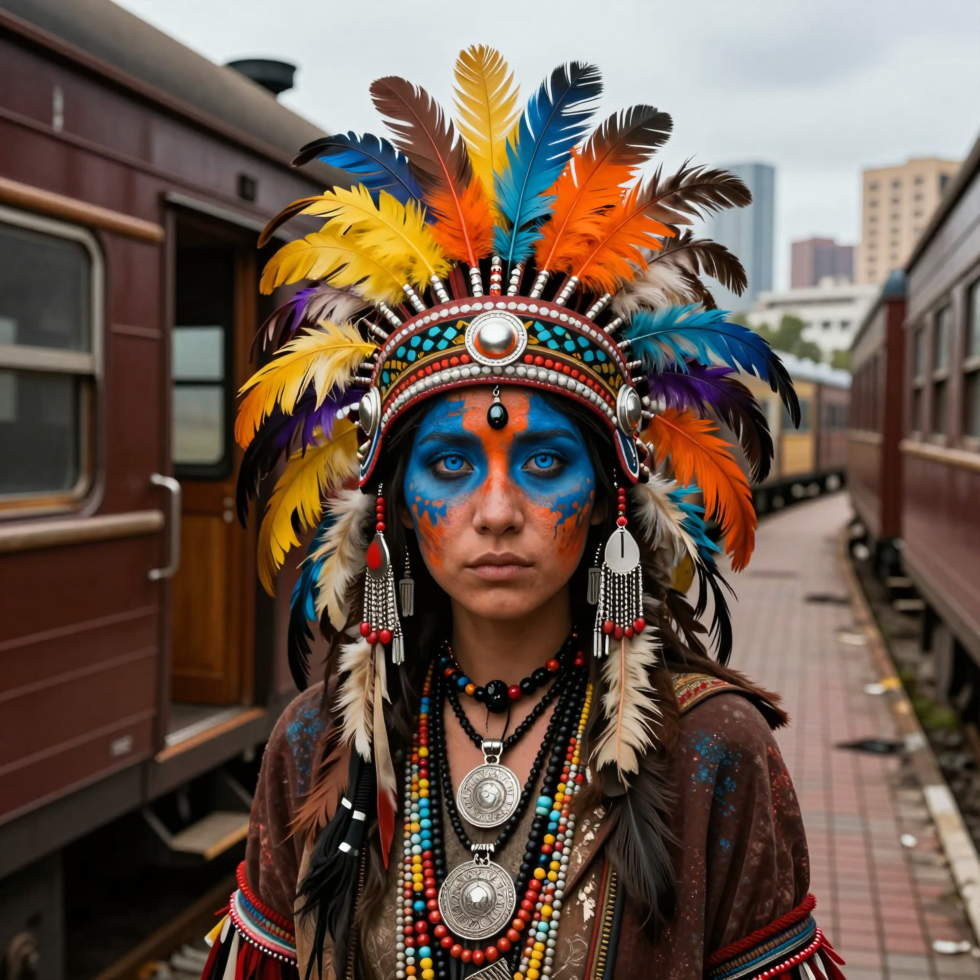 Indigenous-inspired figure with vibrant headdress at railway station