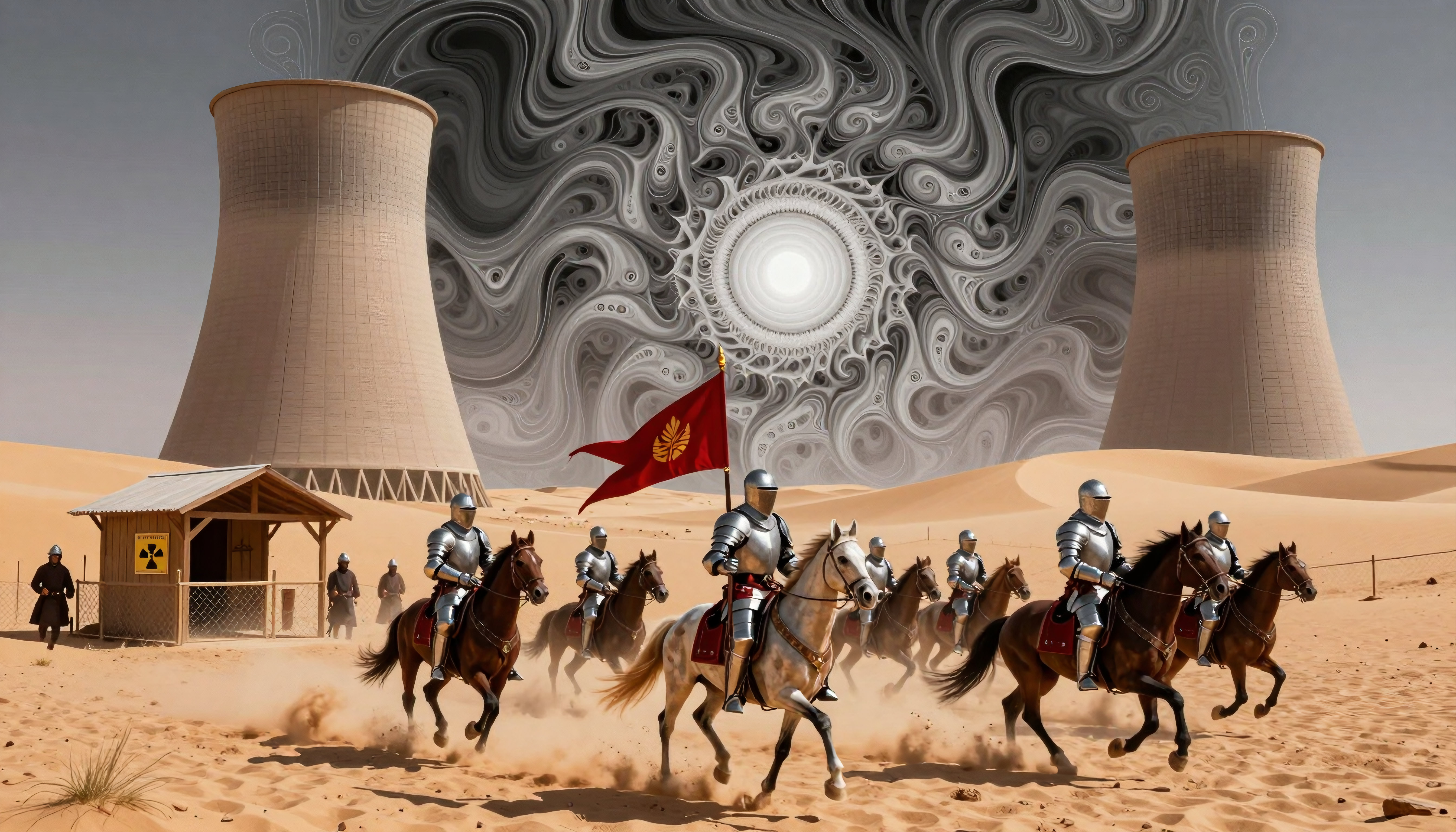 Surreal Medieval Knights in Desert with Nuclear Cooling Towers