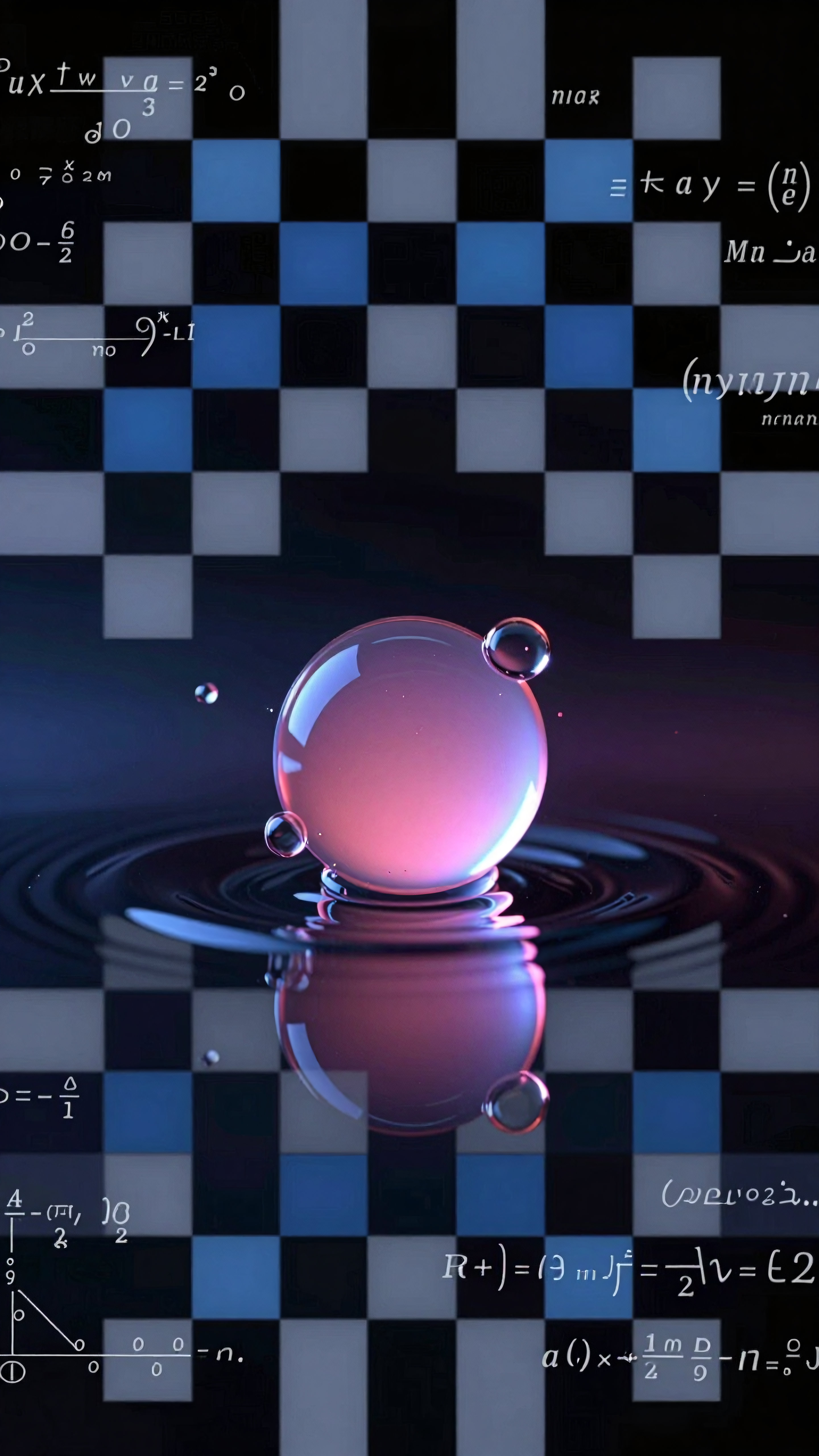 Iridescent Water Droplet with Mathematical Equations on Checkered Background