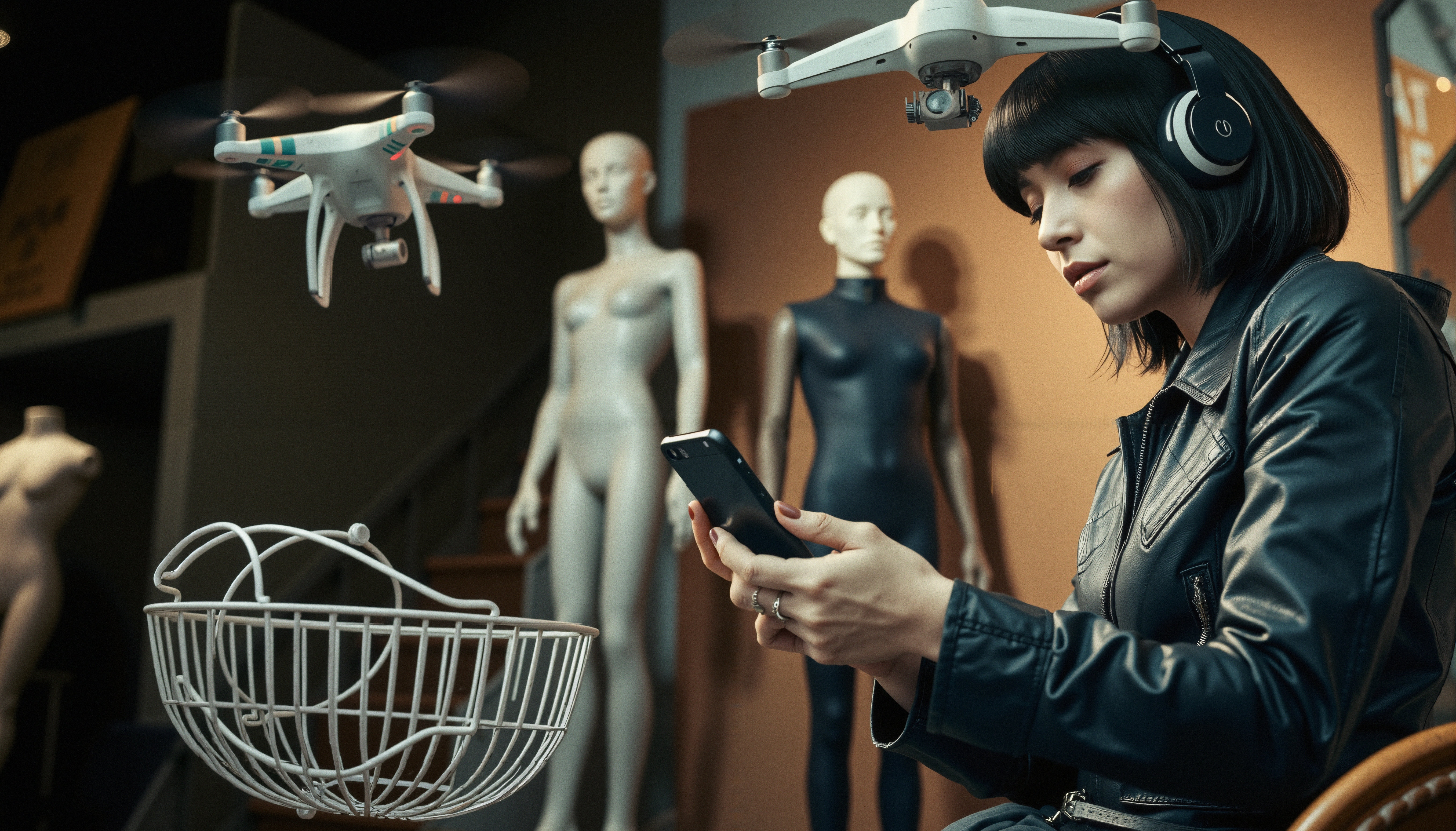 Woman controlling drones with smartphone near mannequins in modern retail studio