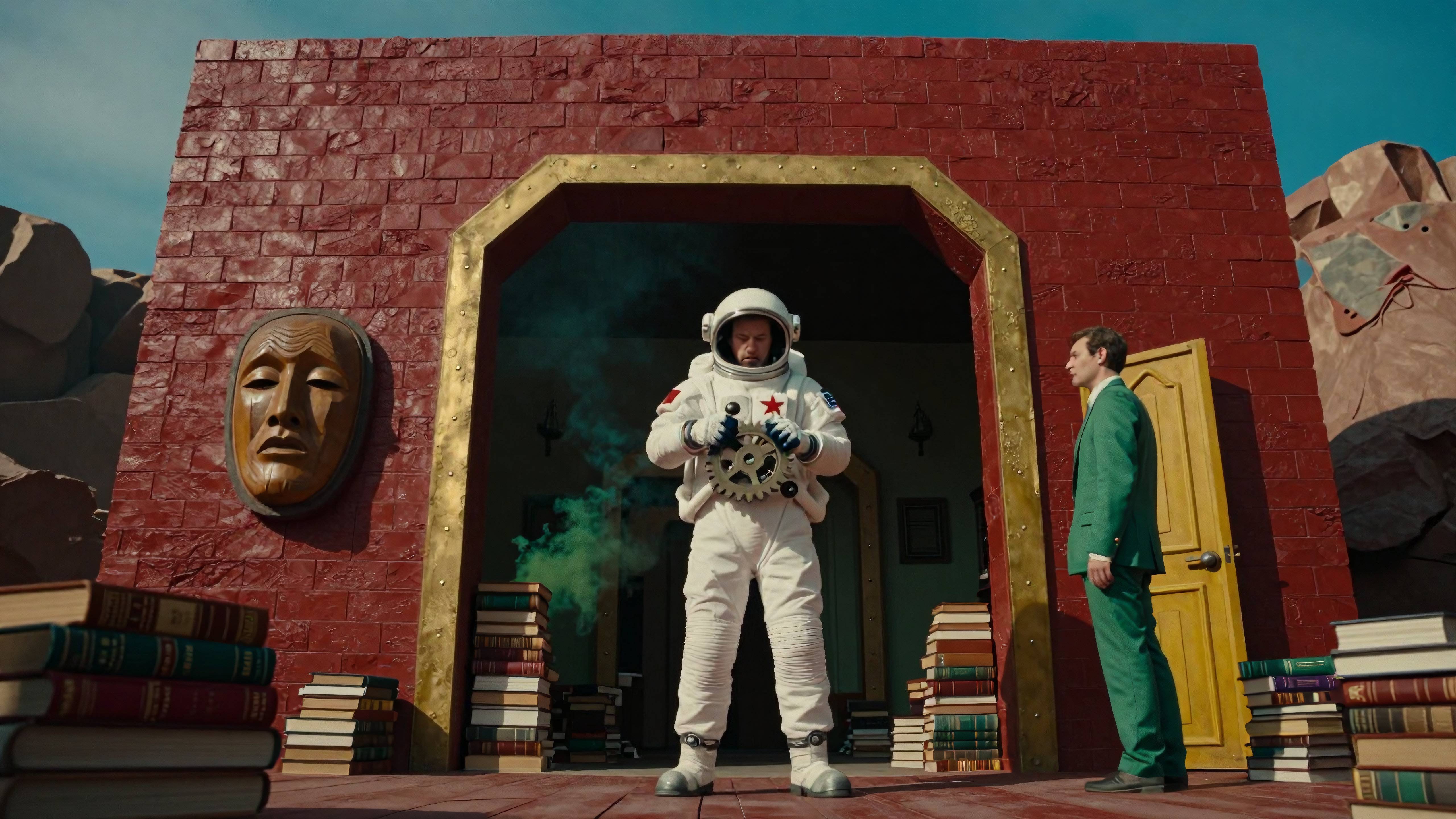 Astronaut in White Space Suit with Red Star Holding Gear in Front of Red Brick Structure