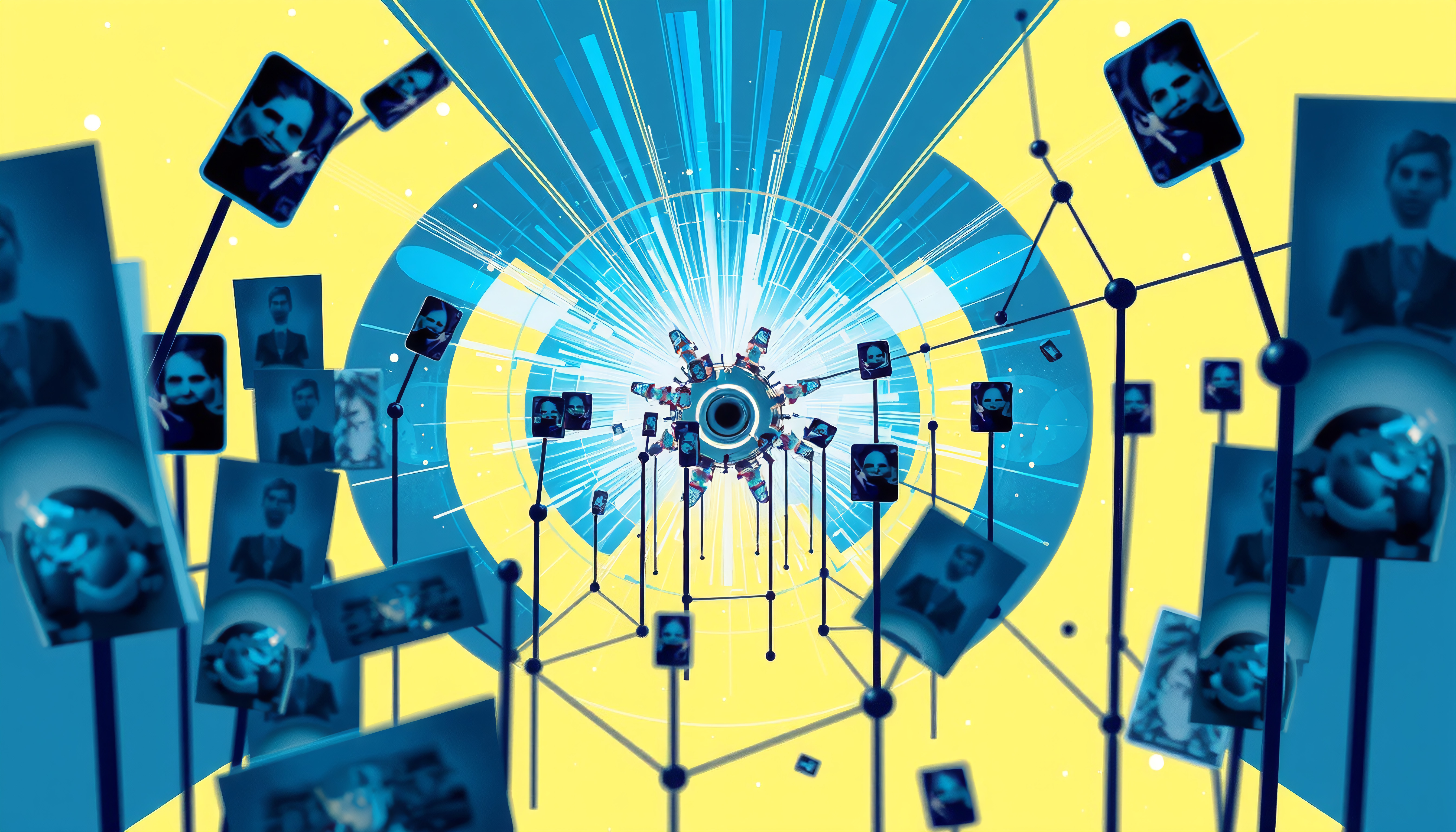 Digital Network Visualization with Portraits and Blue-Yellow Tech Elements