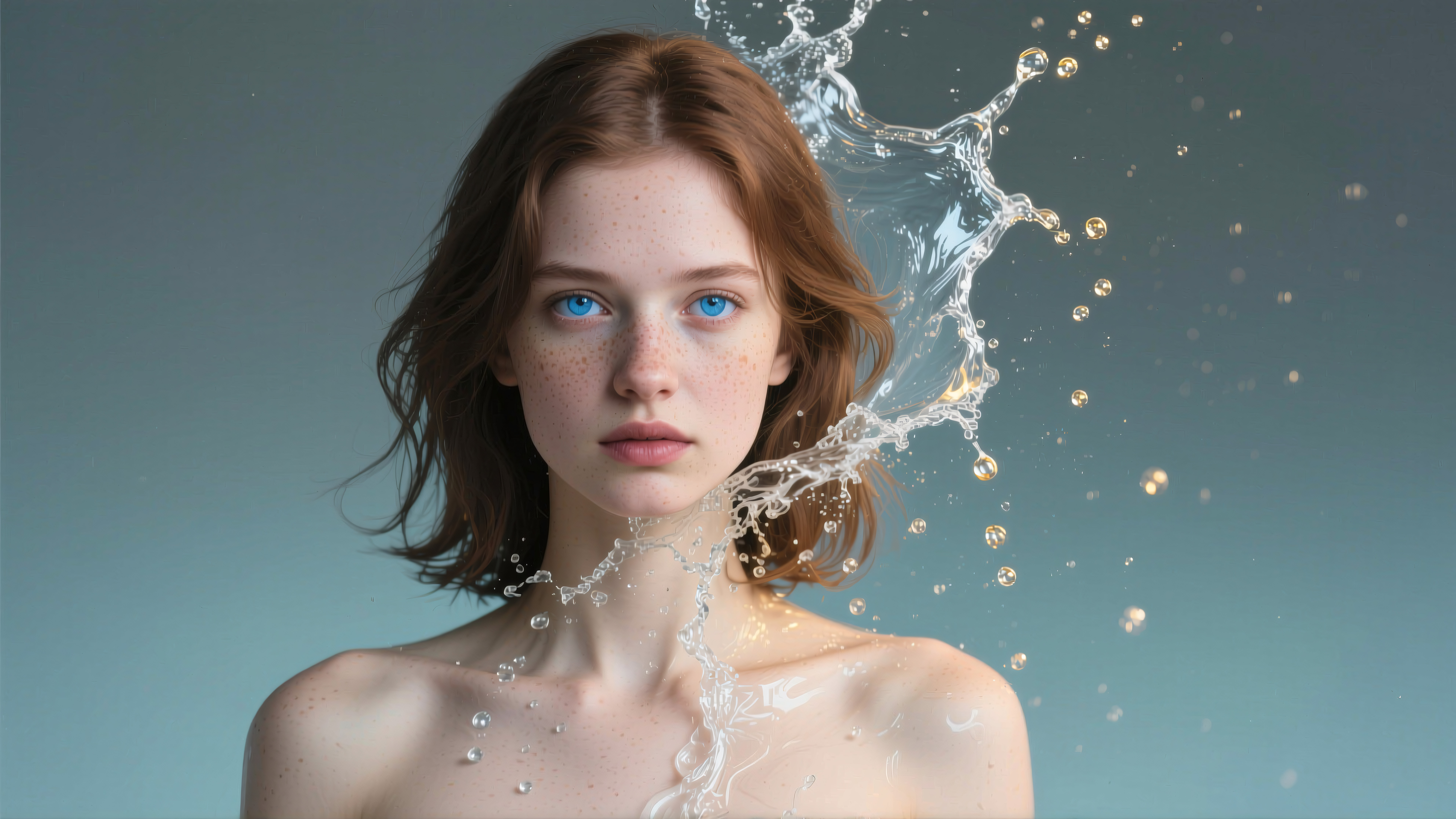 Water Splash Portrait of a Freckled Woman with Blue Eyes Against Teal Background
