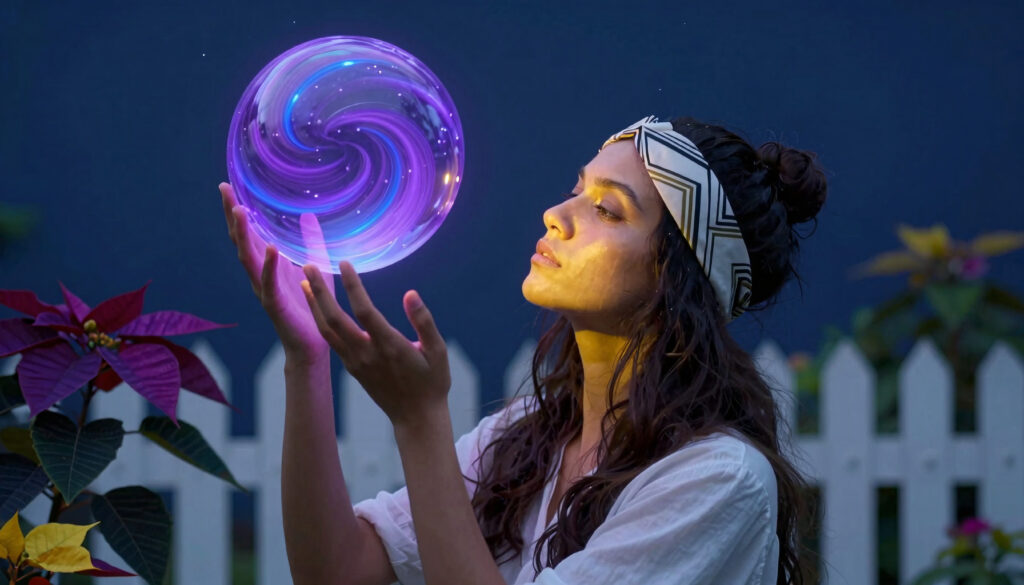 Woman holding luminous swirling orb in serene night garden