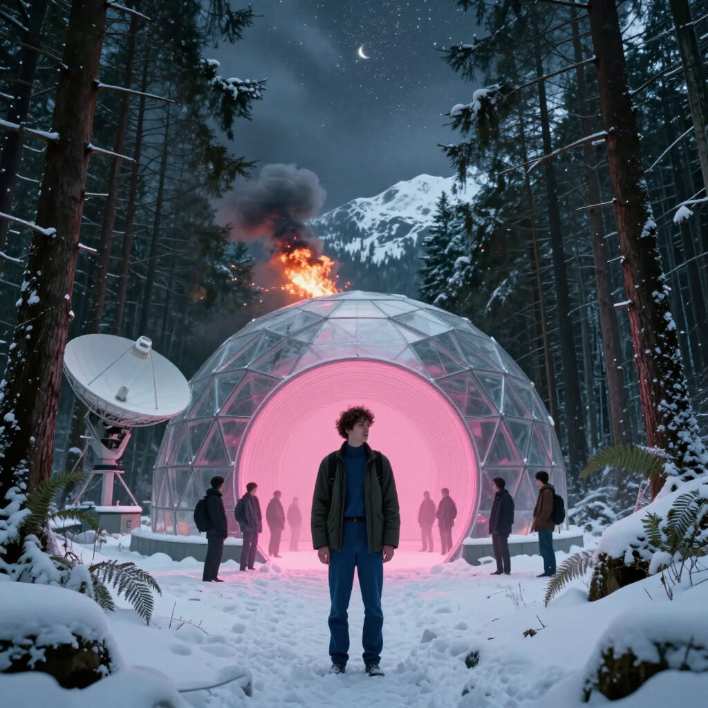 Winter Night Forest with Geodesic Dome and Fire