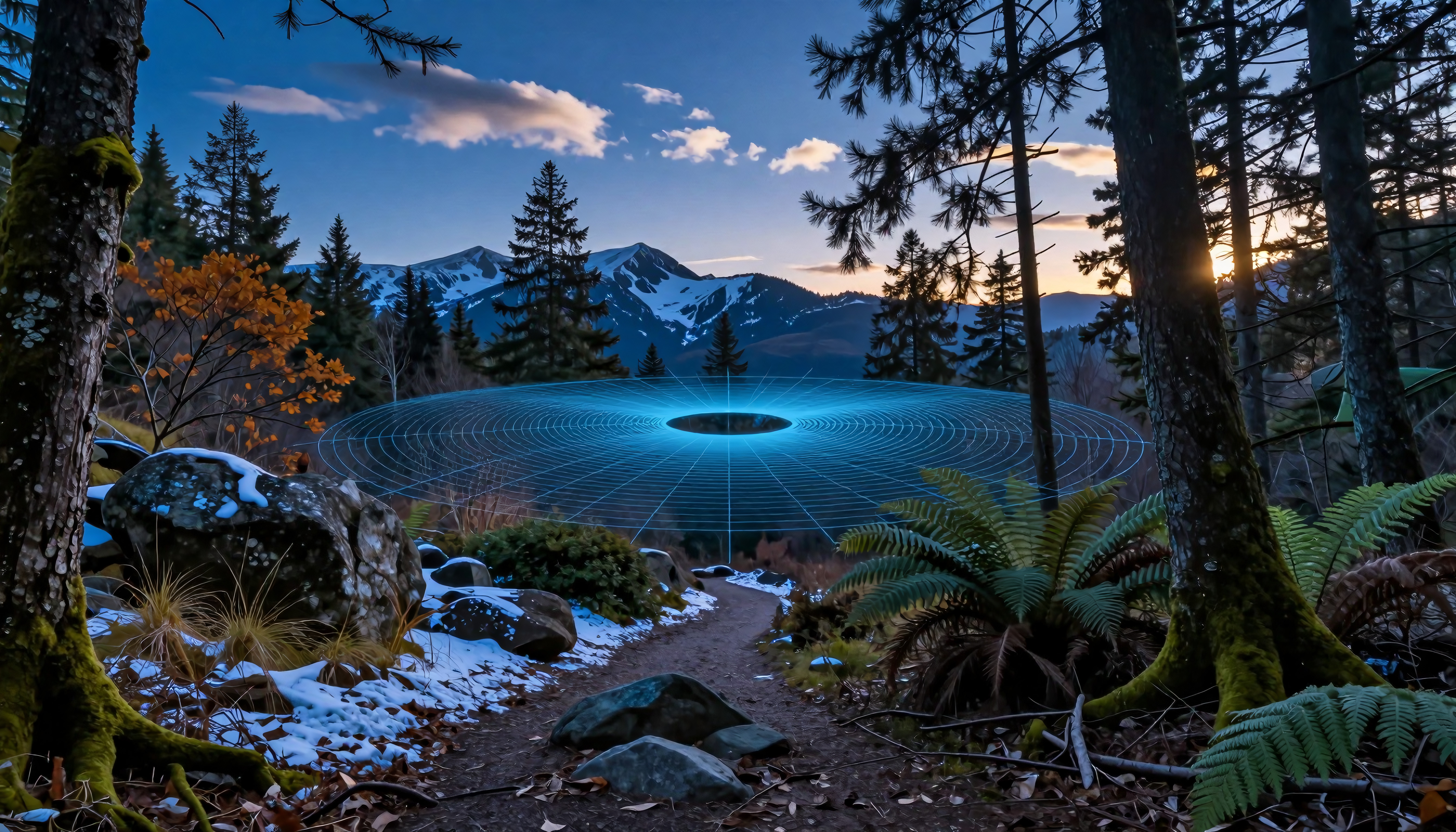 Glowing Circular Tech Structure in Mountain Forest at Sunset