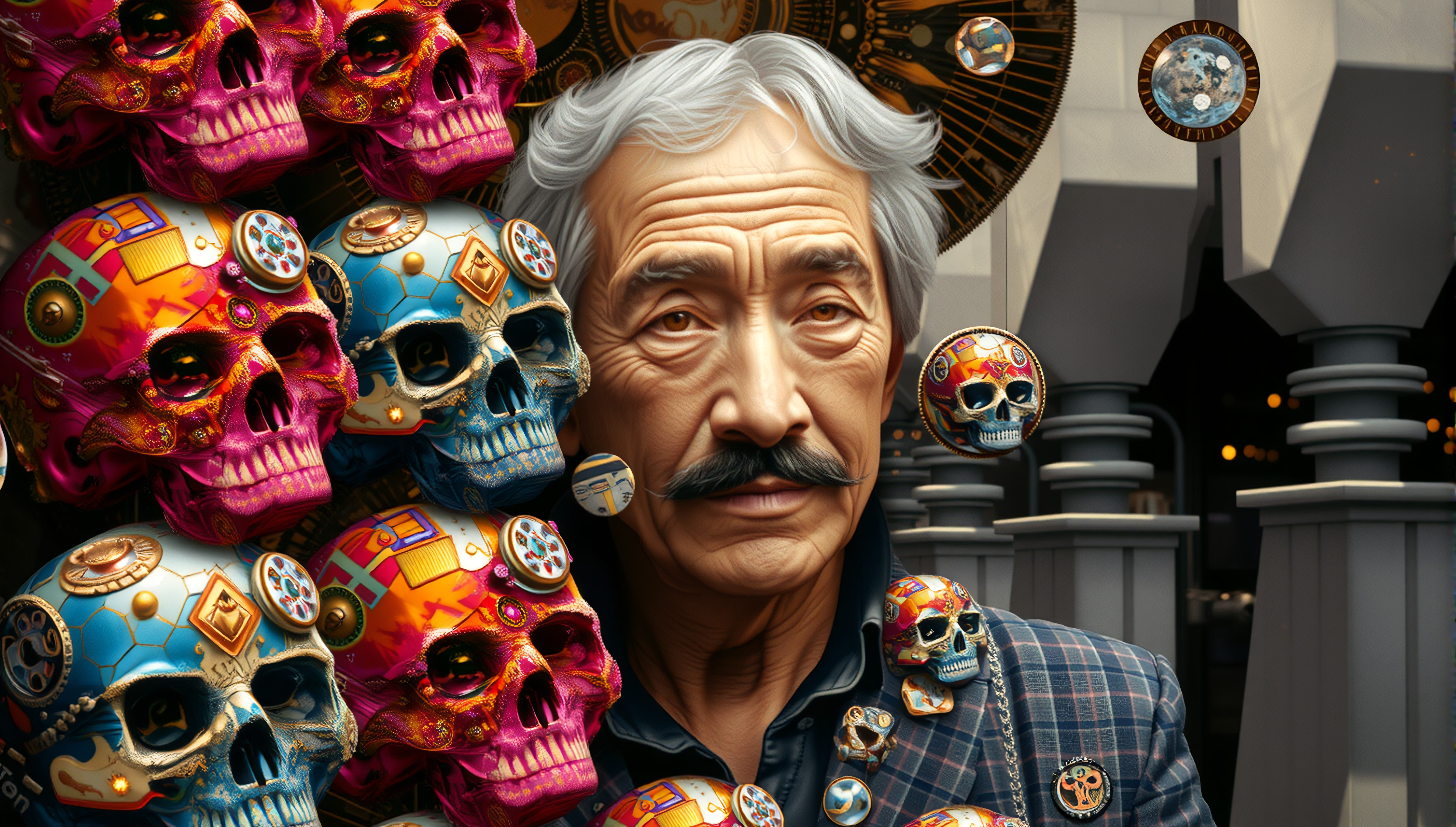 Vibrant Decorated Skulls and Mechanical Elements with Elderly Man in Architectural Setting