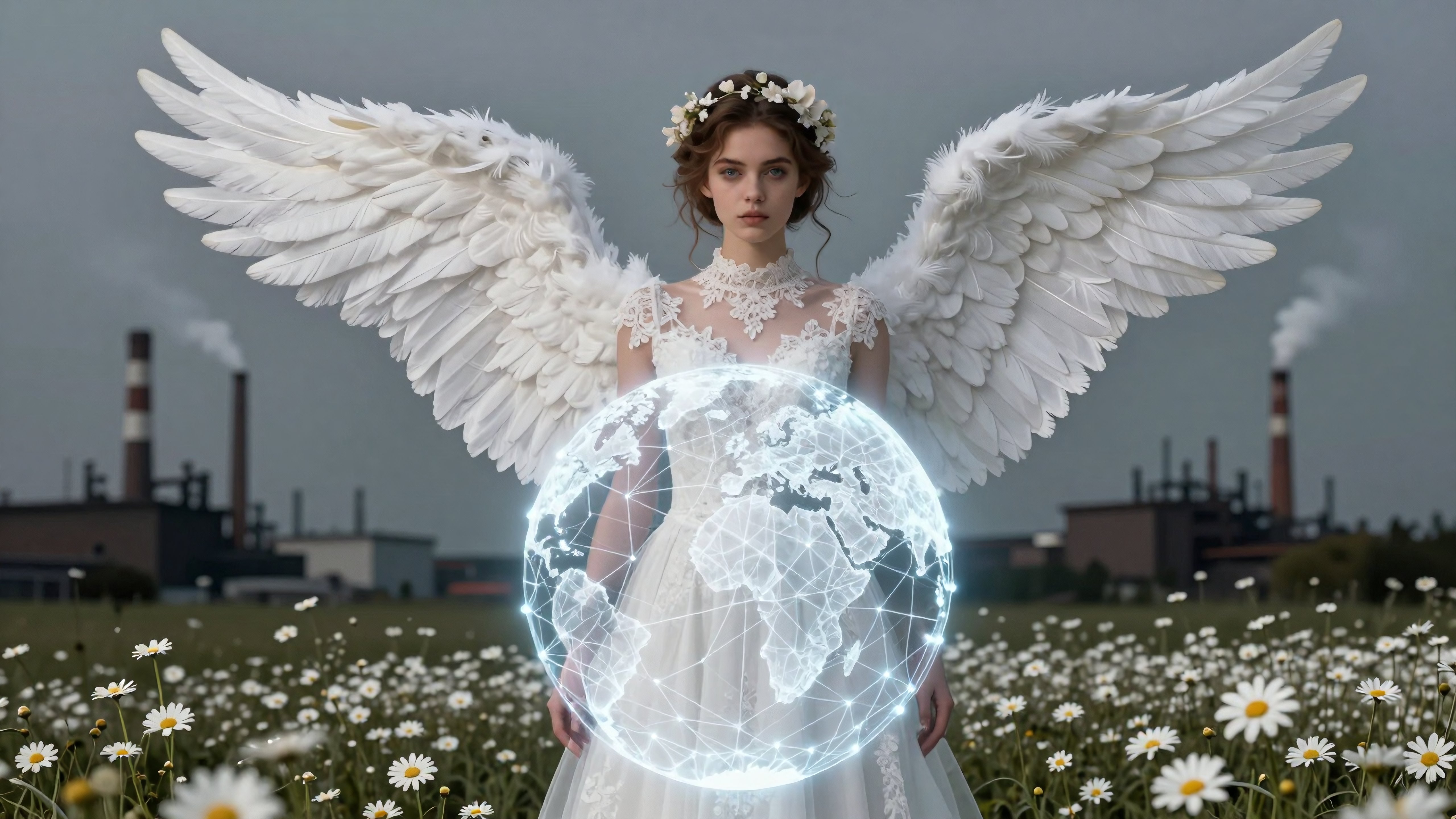 Angel holding glowing globe in daisy field with industrial backdrop