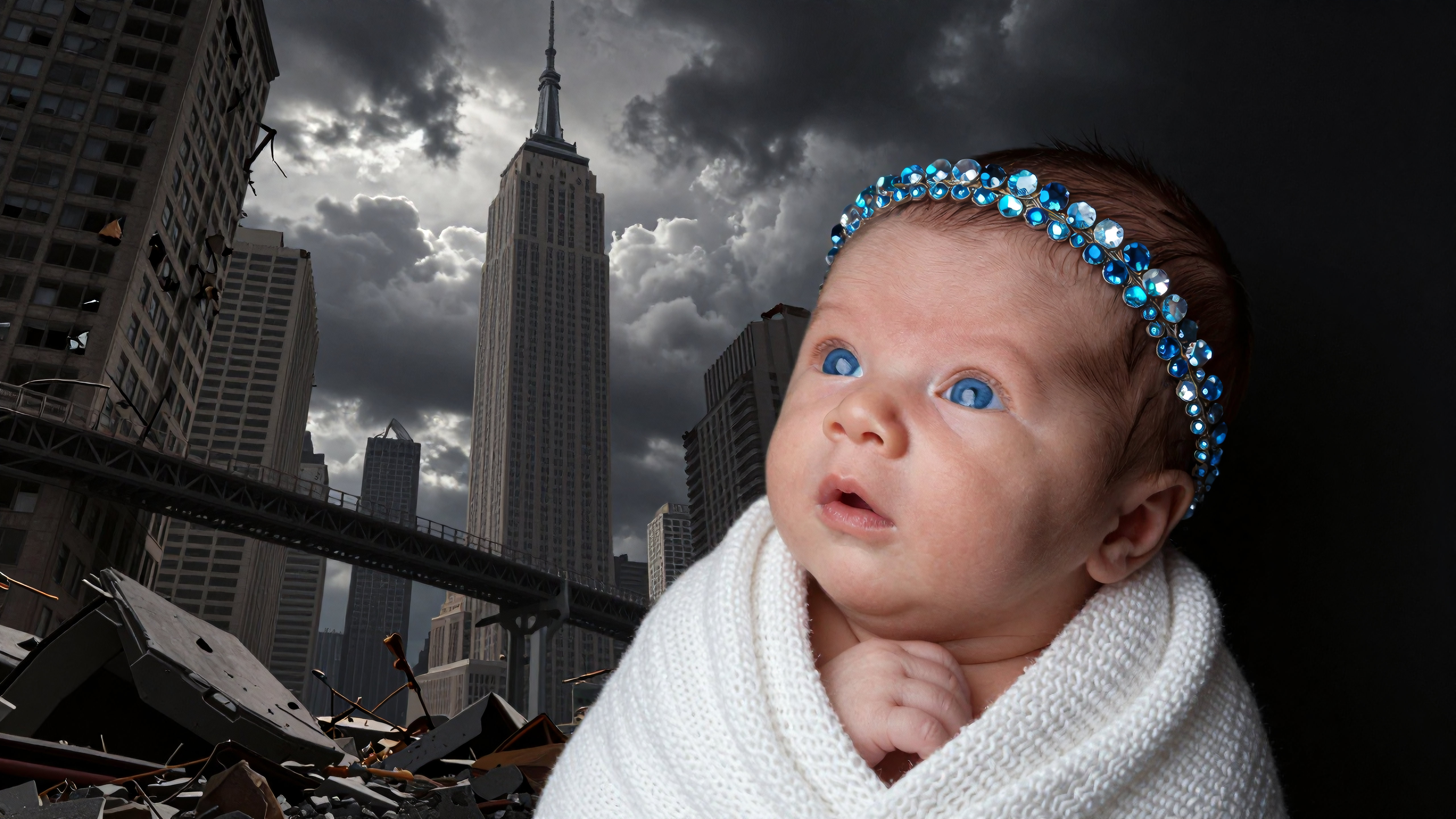 Newborn Baby in White Wrap Against New York Cityscape with Stormy Clouds and Ruins