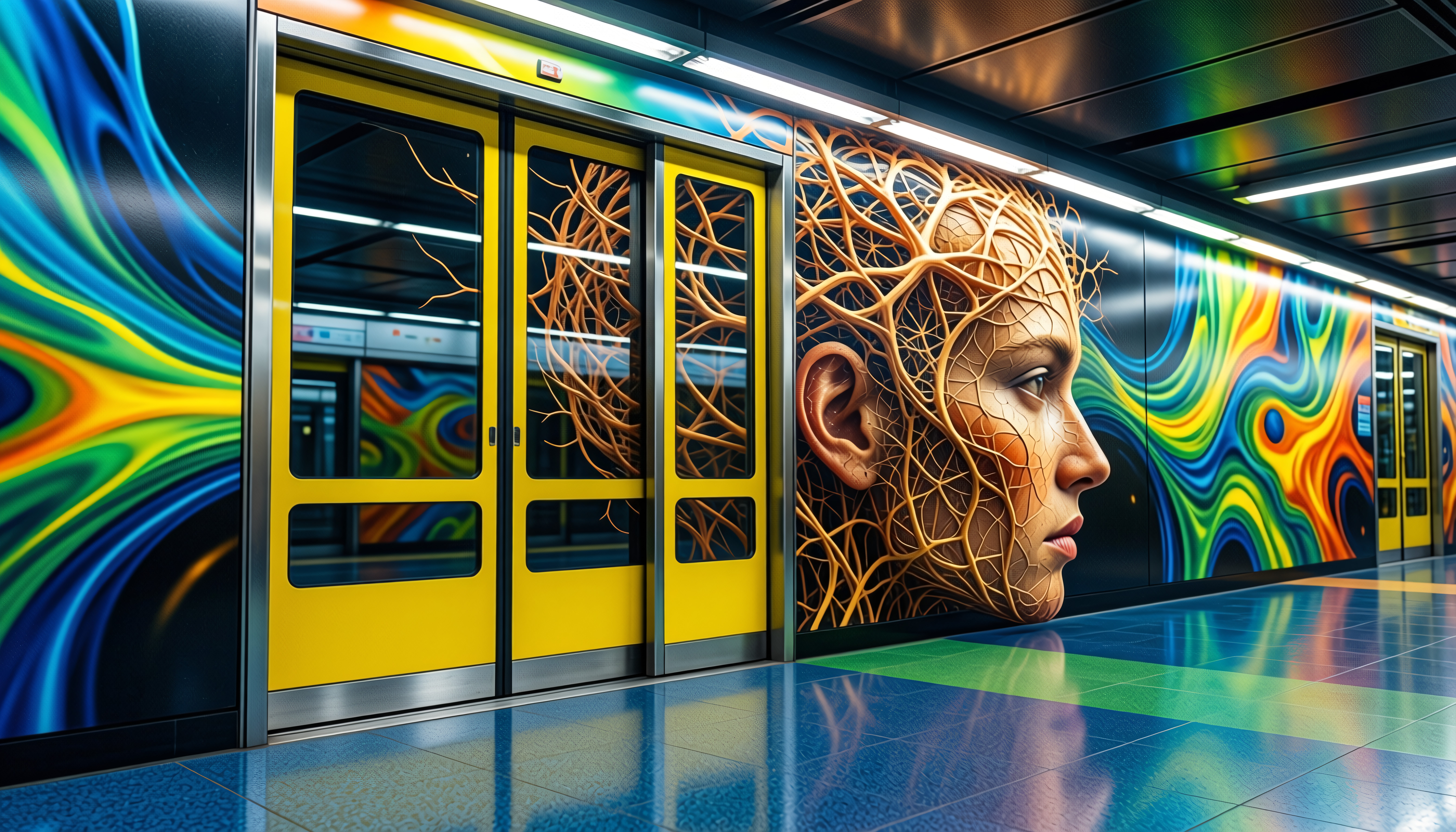 Subway Train Art with Tree Root Human Head Mural and Vibrant Abstract Design