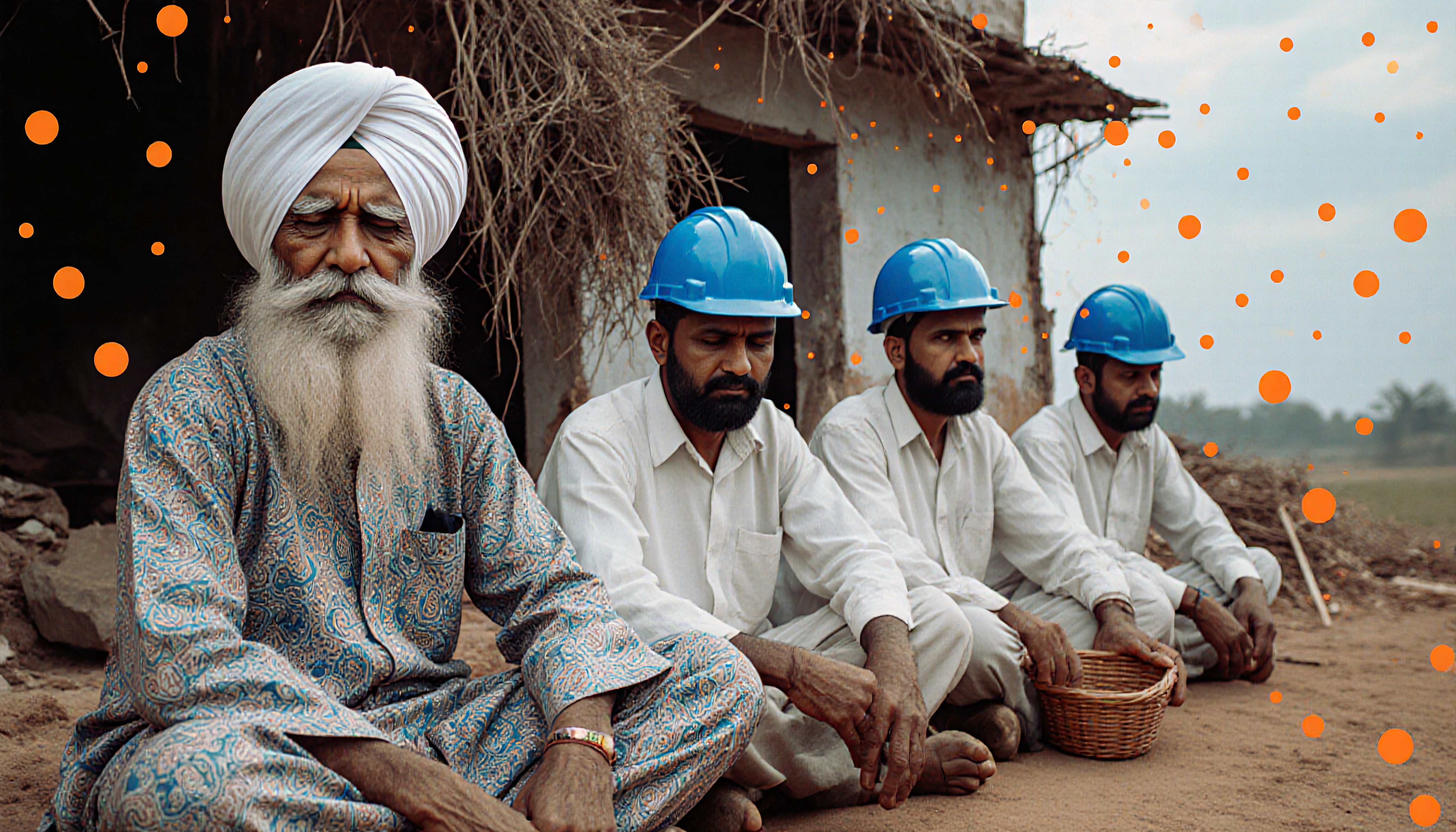 Elderly Man in Turban and Laborers with Blue Helmets Sitting Outside Rural Hut in India
