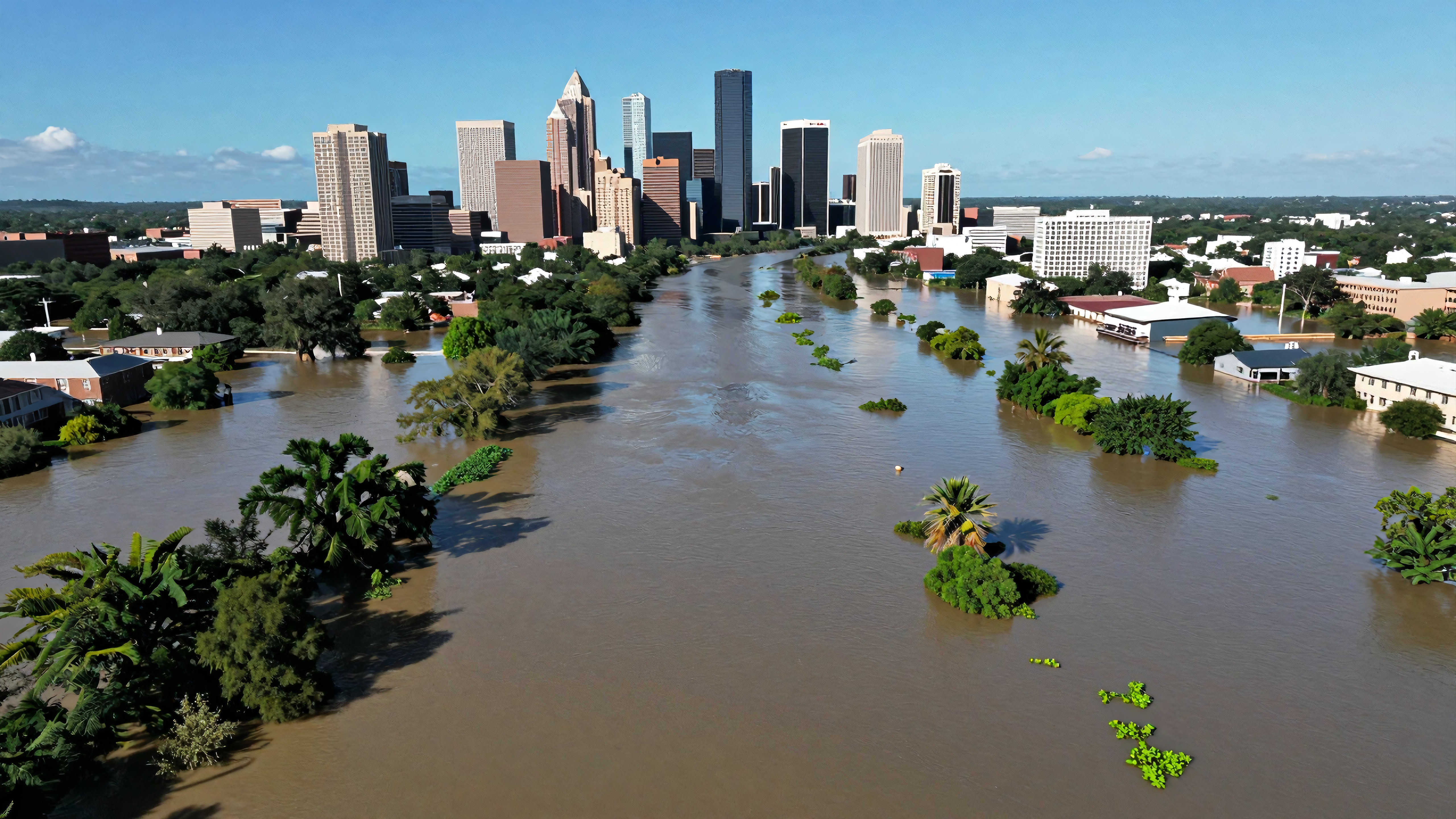 Flooded Urban Landscape with Downtown Skyline