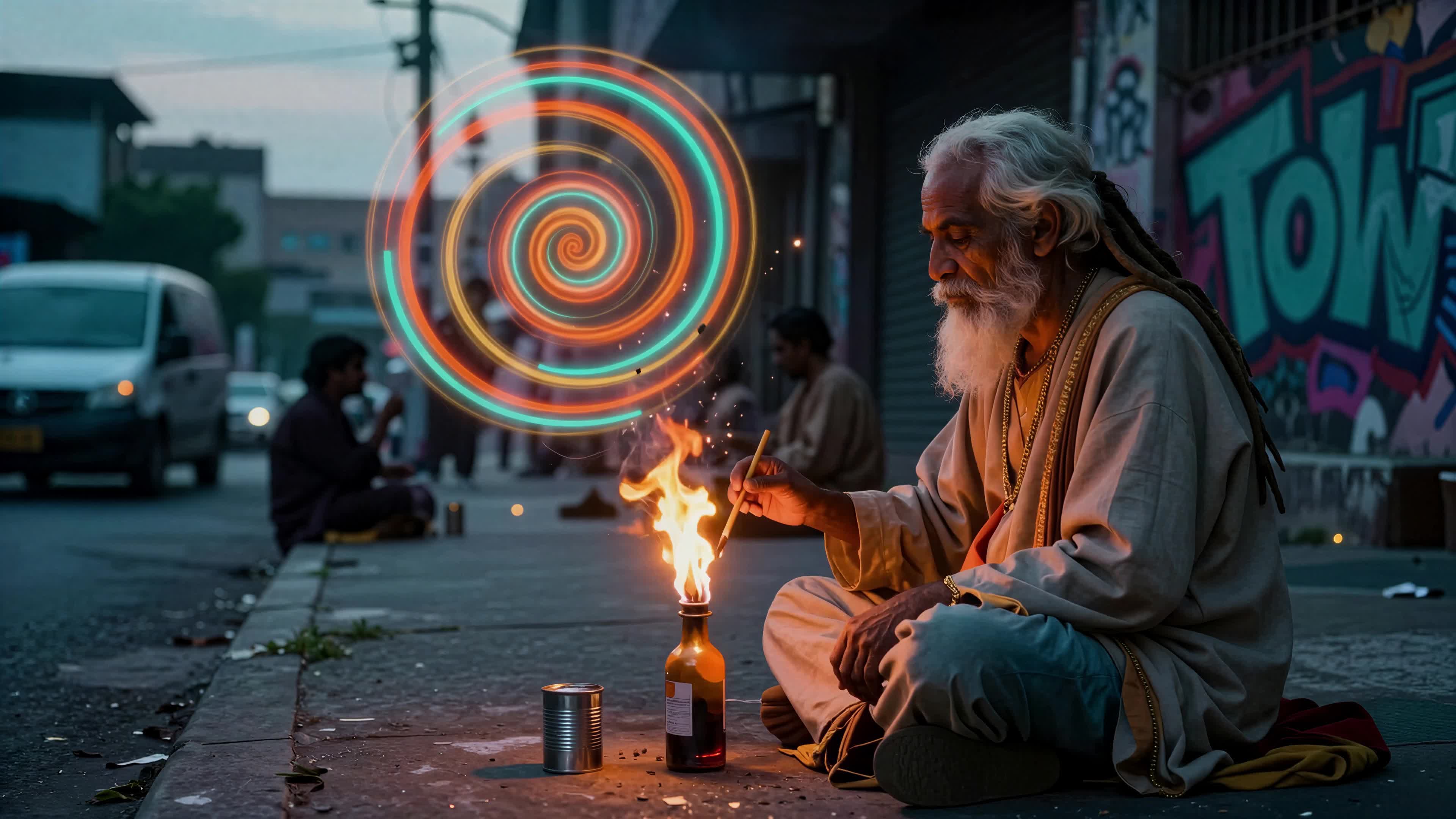 Ancient fire spinner performs hypnotic spiral dance amidst gritty city streets under twilight skies