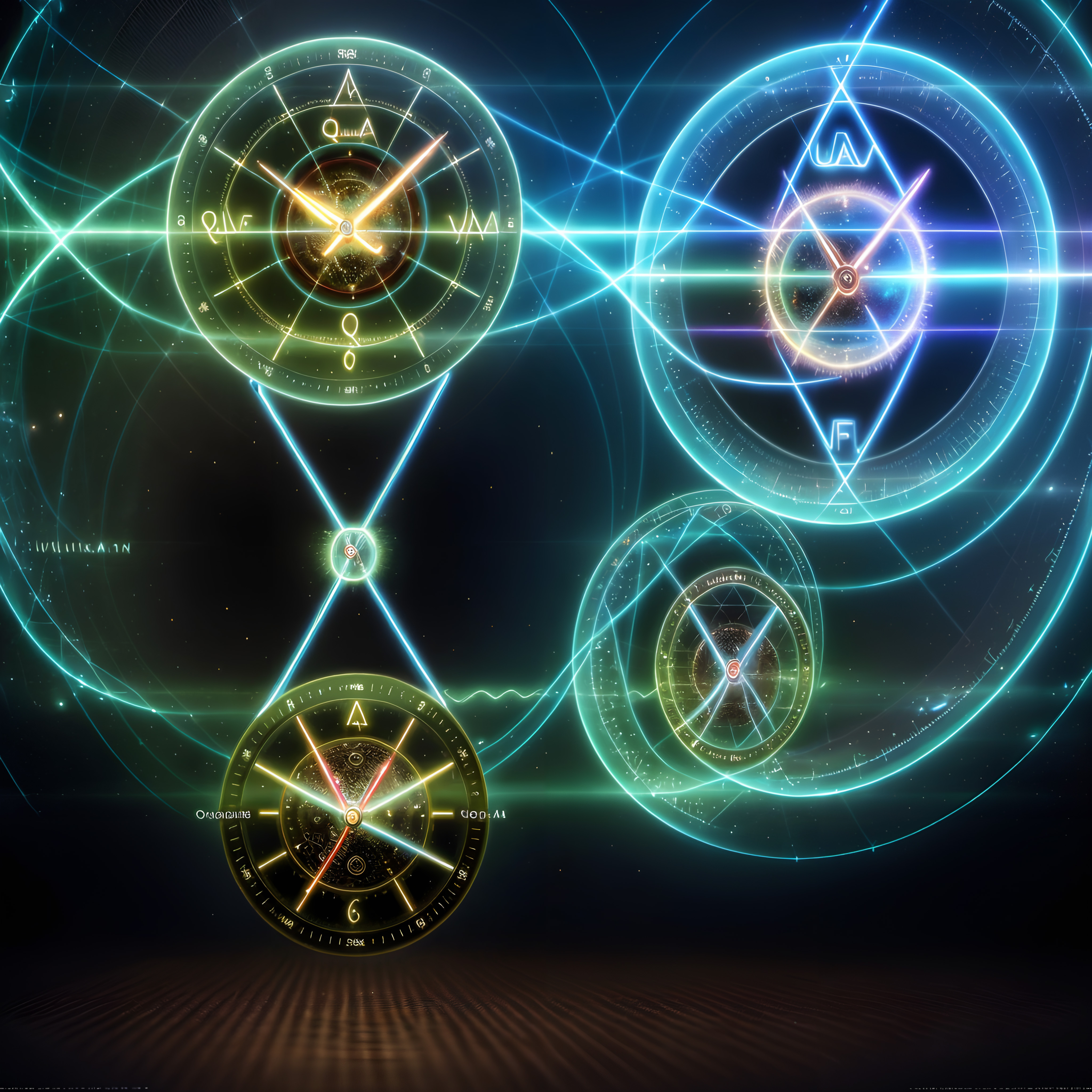 Futuristic Cosmic Clock Interface with Glowing Circles and Geometric Elements