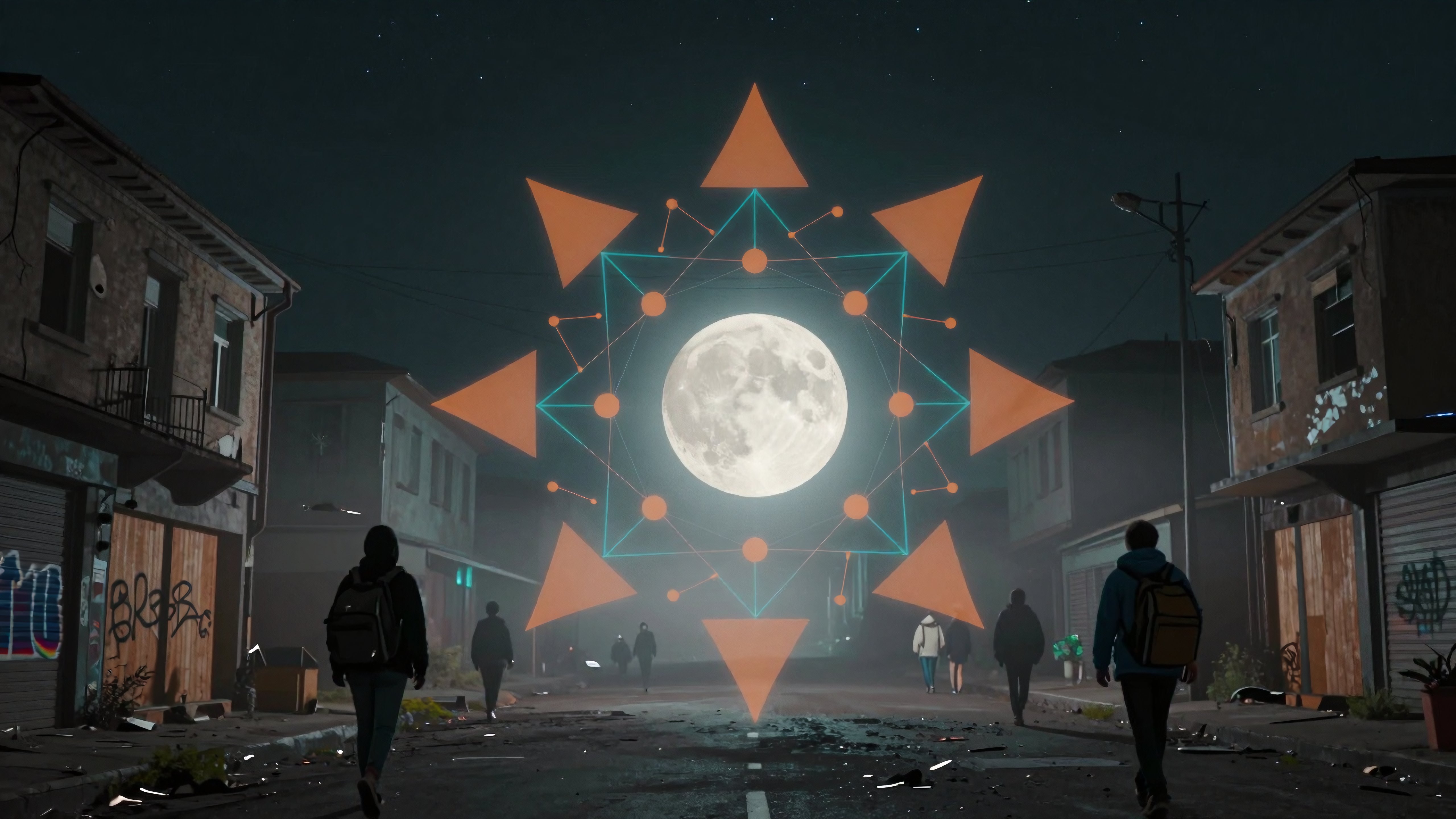 Night Street with Geometric Lunar Symbol and Urban Silhouettes
