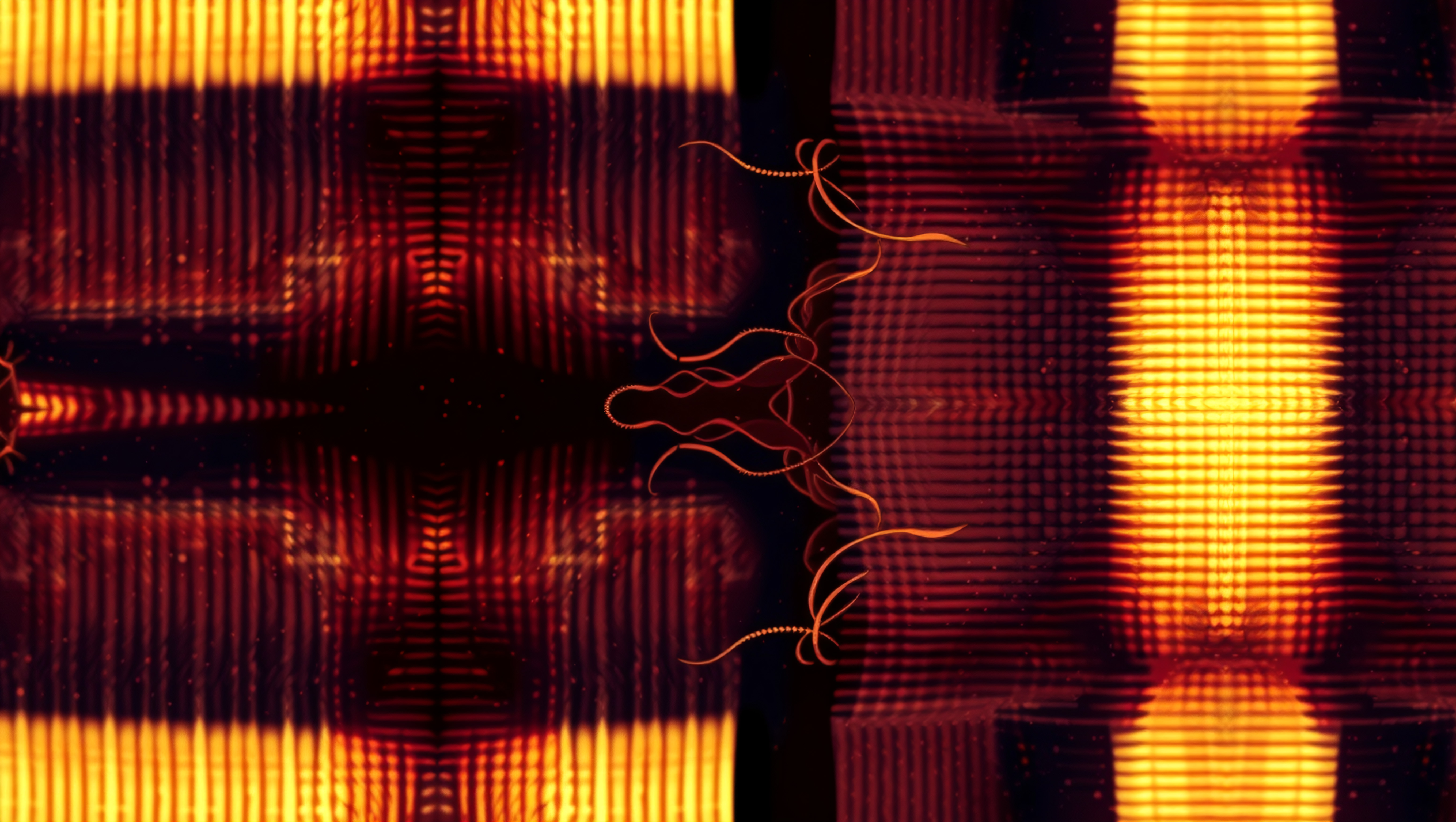 Abstract Digital Art with Fiery Orange and Red Glitch Patterns