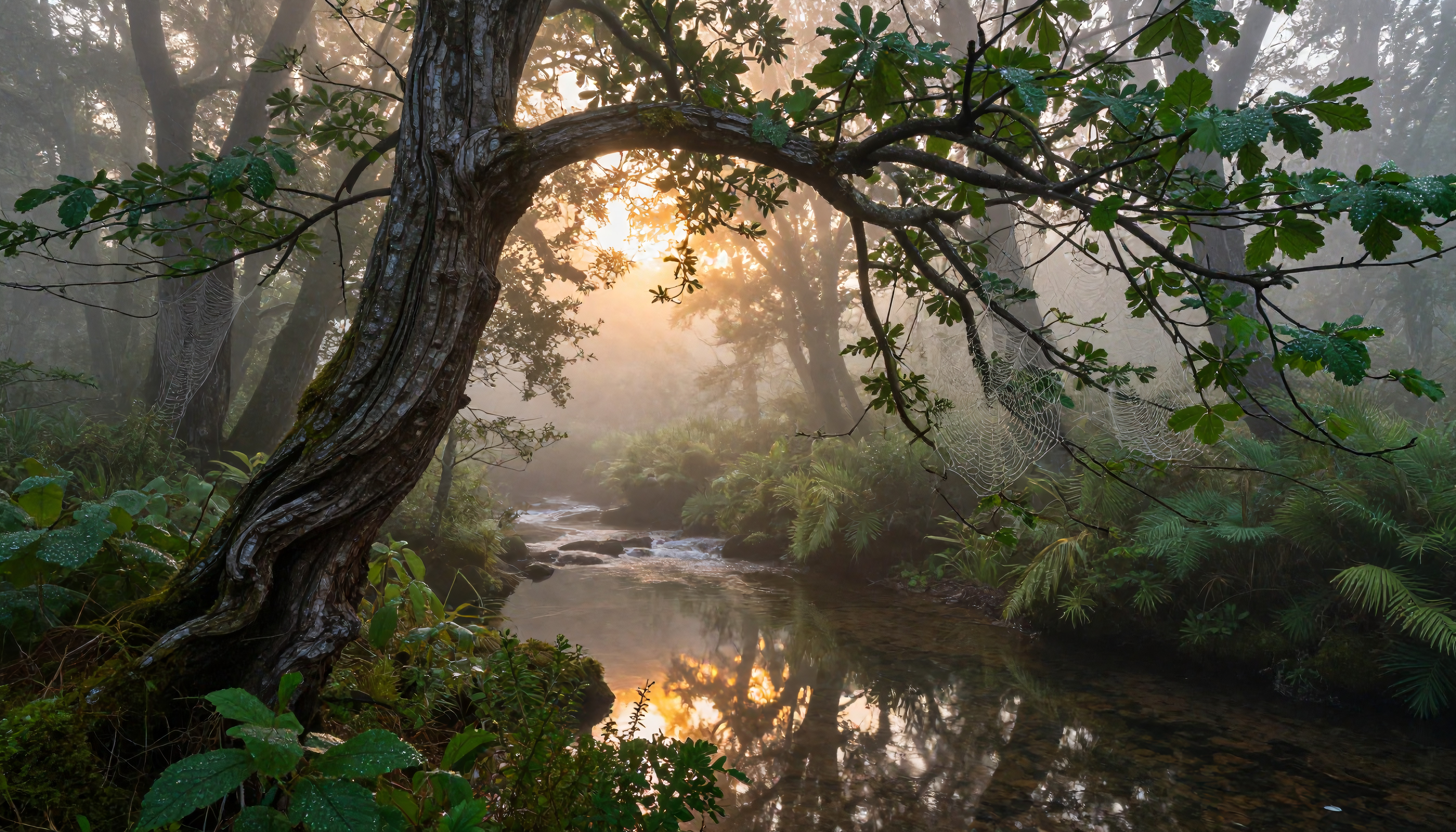 Misty Forest Stream with Golden Light at Dawn