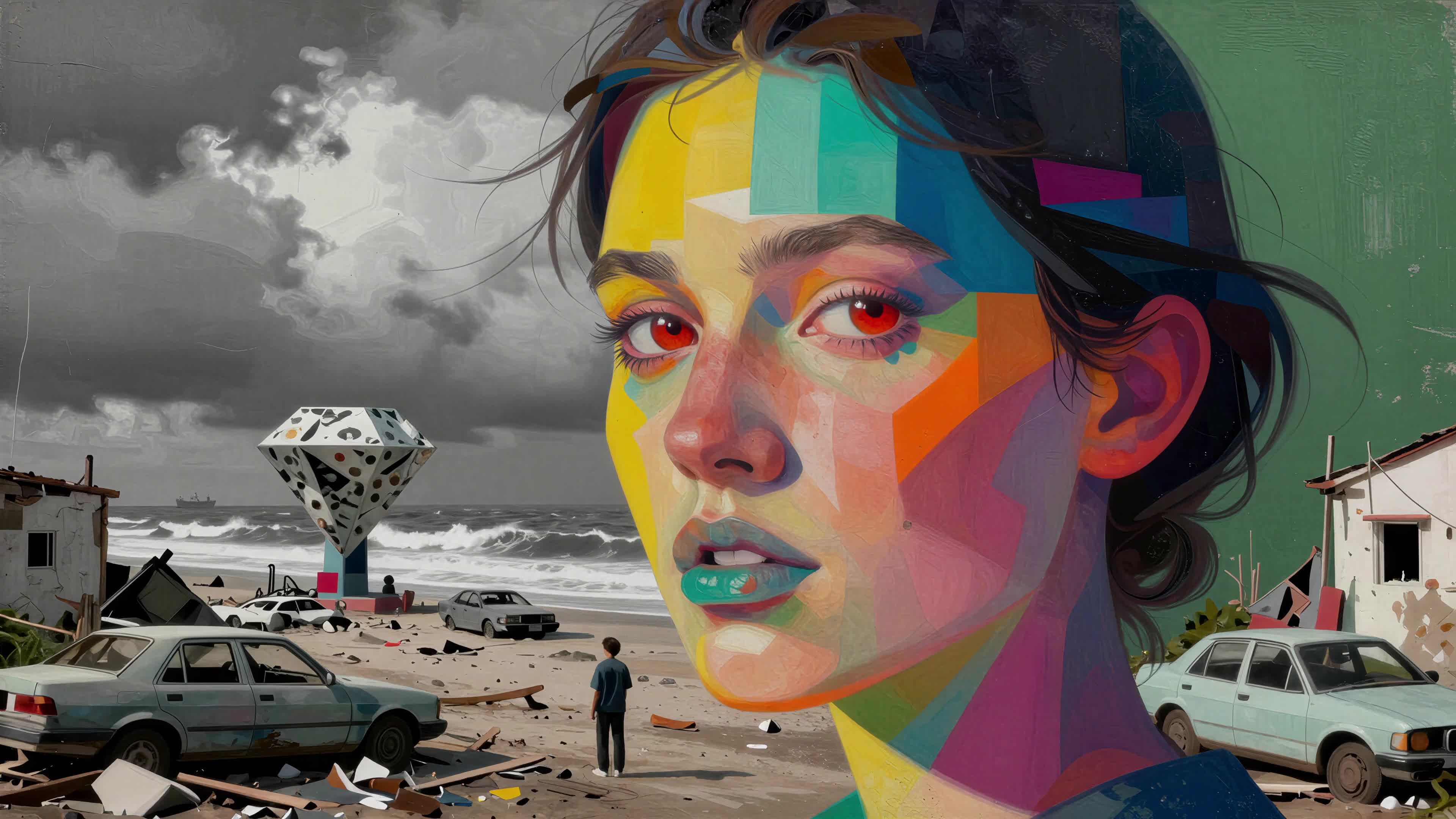 Surreal coastal artwork featuring a fragmented-faced girl standing before storm-washed wreckage and a giant diamond monolith.