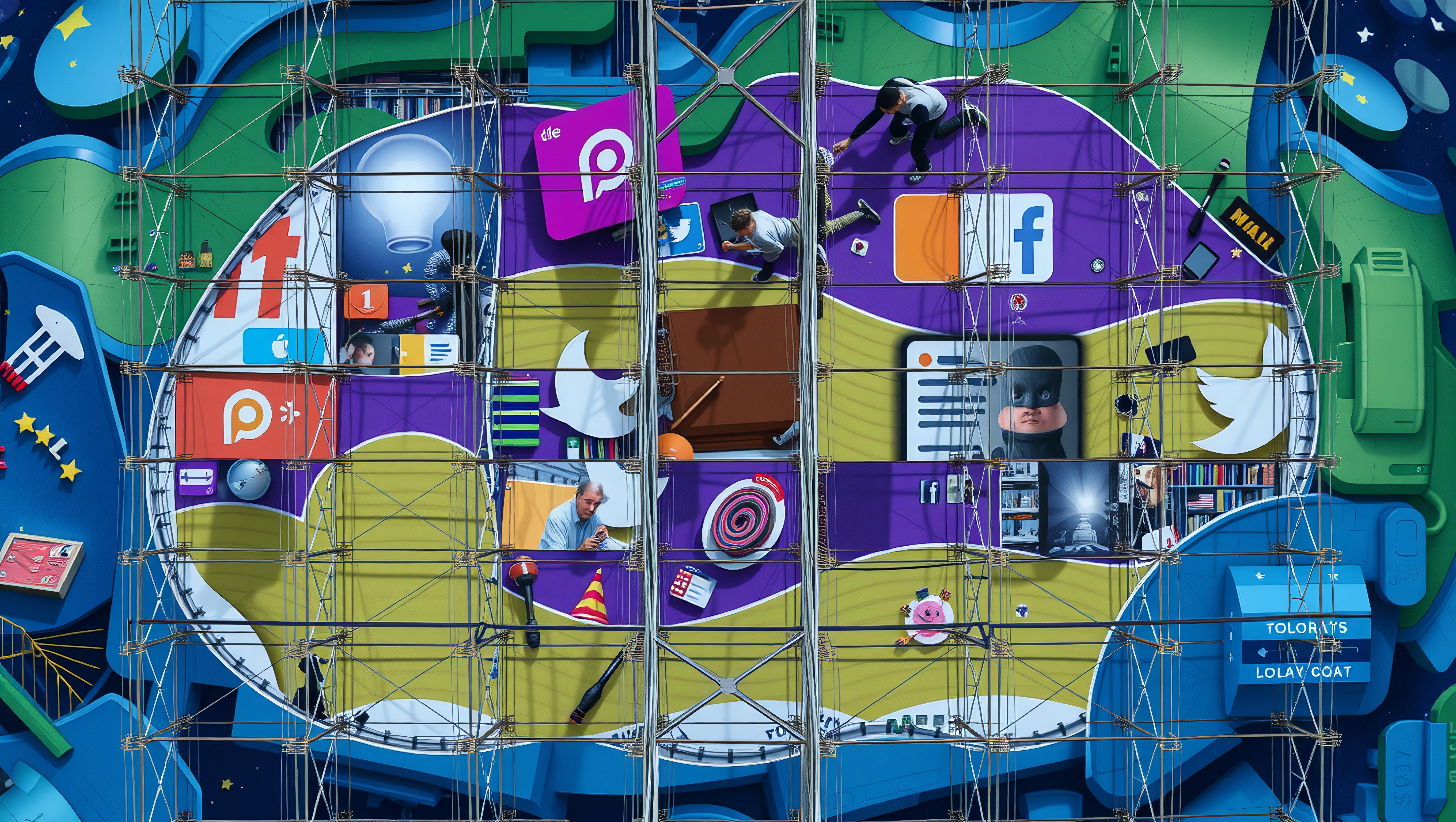 Vibrant Tech-Themed Mural with Social Media Icons and Workers on Scaffolding