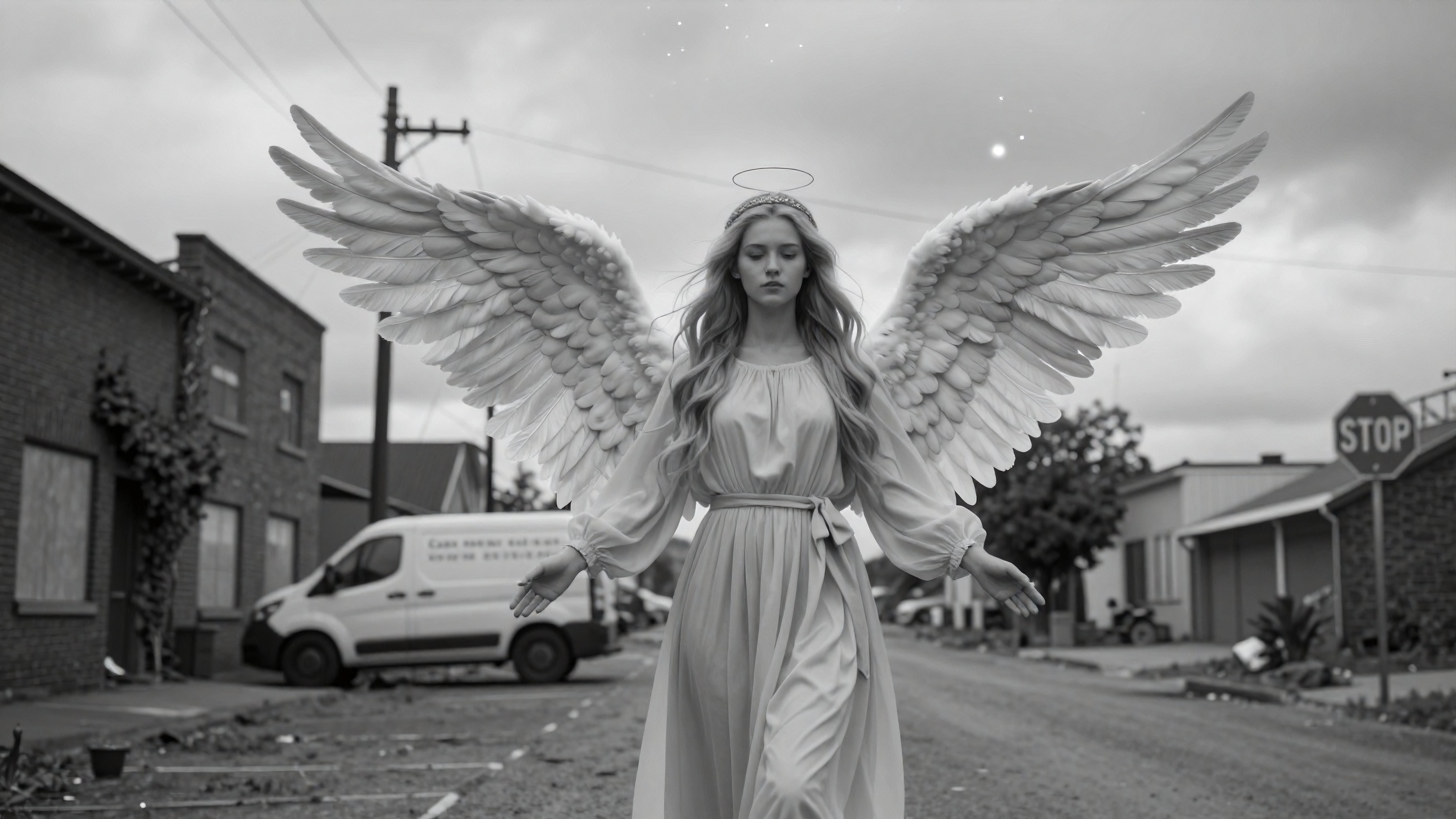 Serene Angel with Wings Standing in a Desolate Urban Street