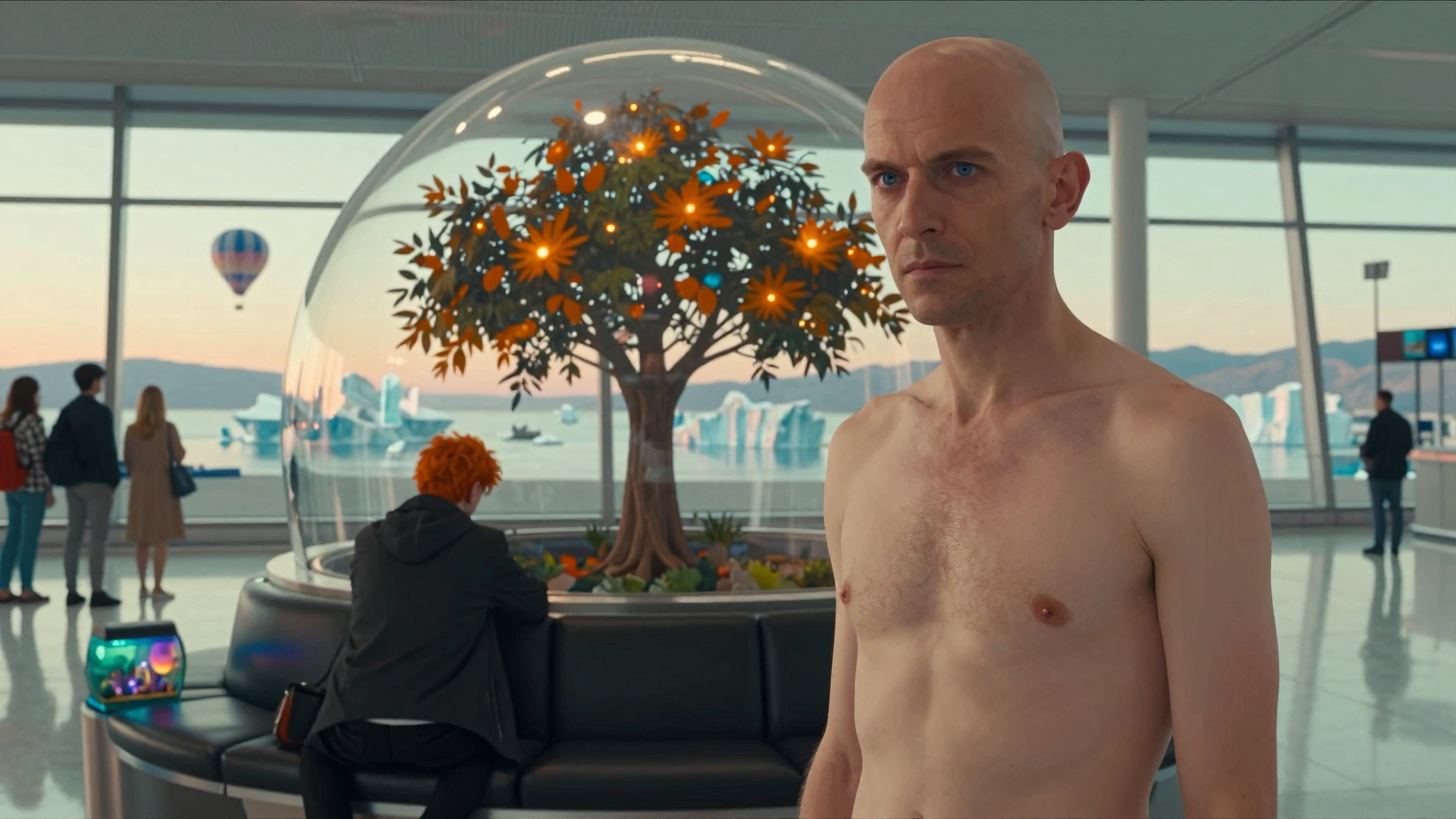 Futuristic Airport Terminal with Glowing Tree Dome and Shirtless Man