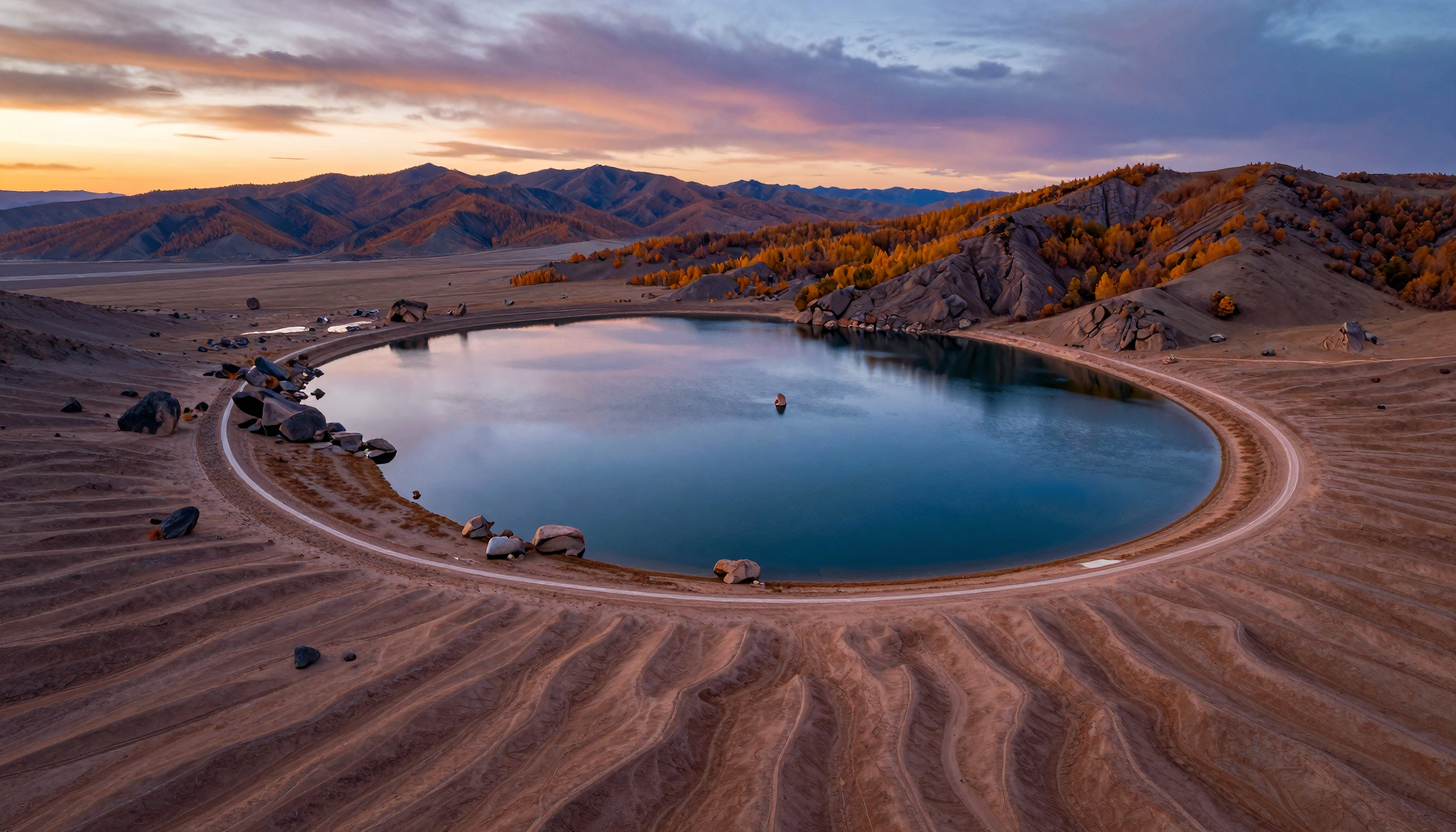 Circular Lake at Sunset in Mountainous Desert Landscape