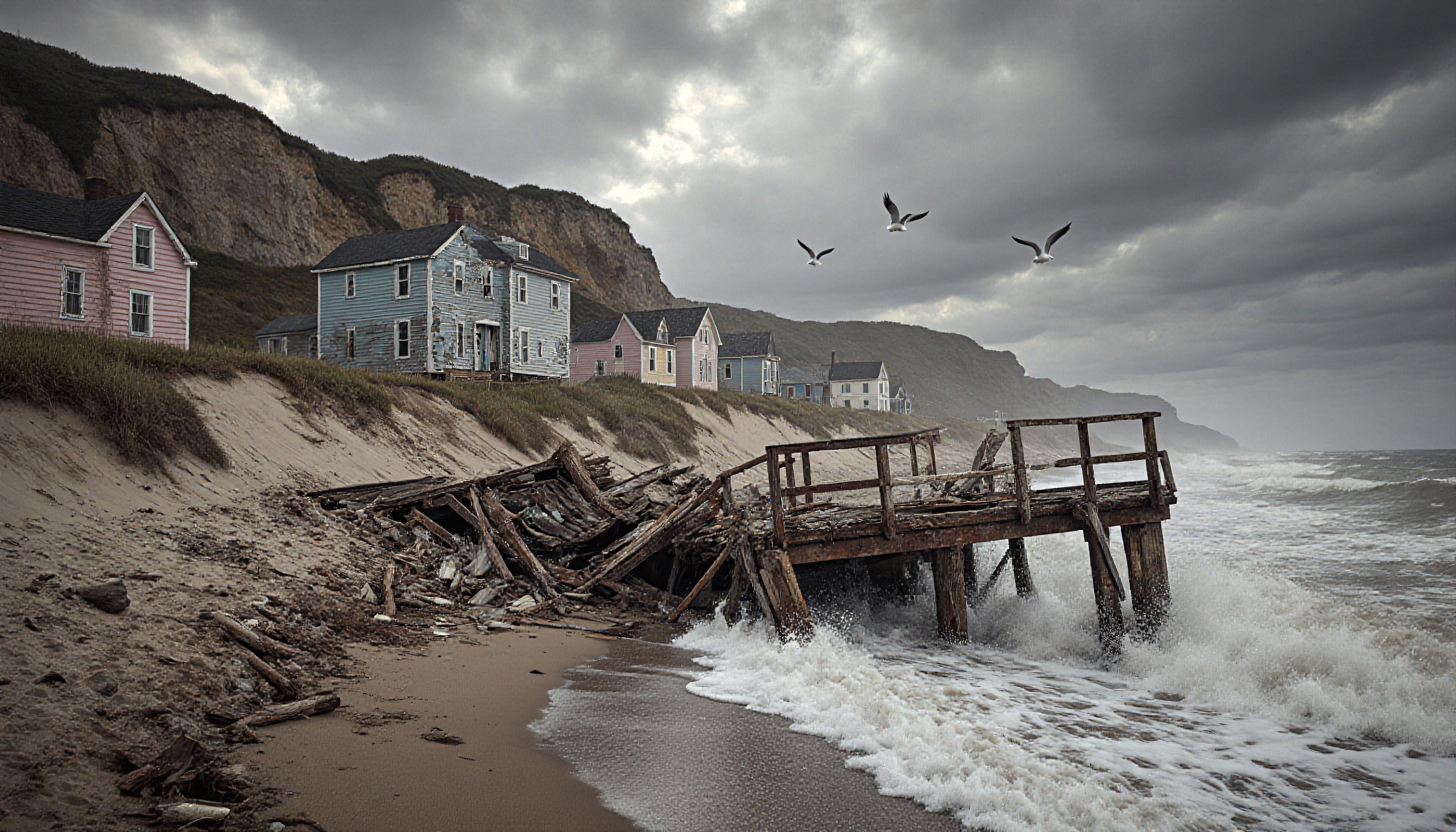 Abandoned Coastal Town and Pier Under Overcast Sky