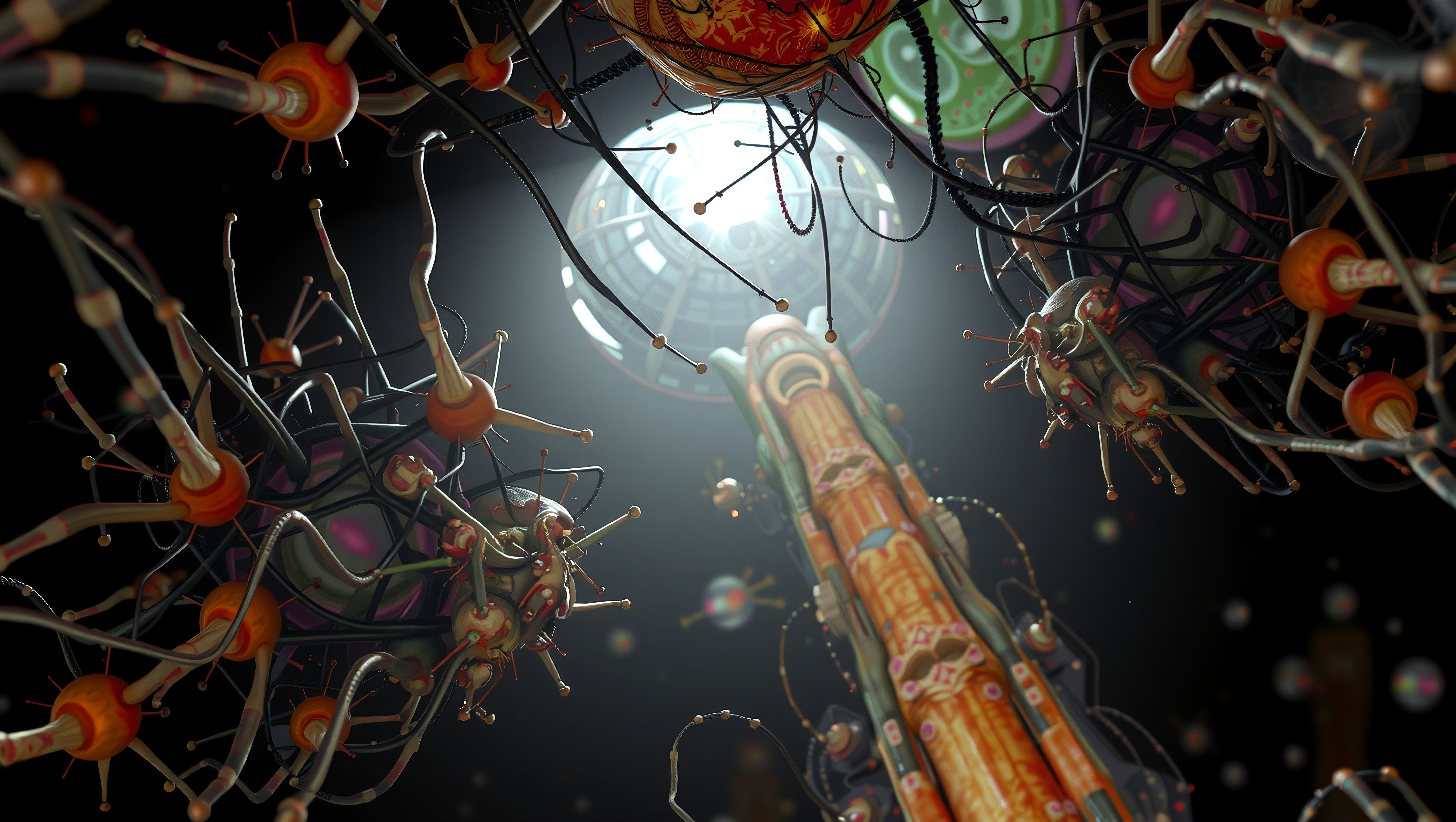 Futuristic Abstract Mechanical Structure with Glowing Orbs and Interconnected Components
