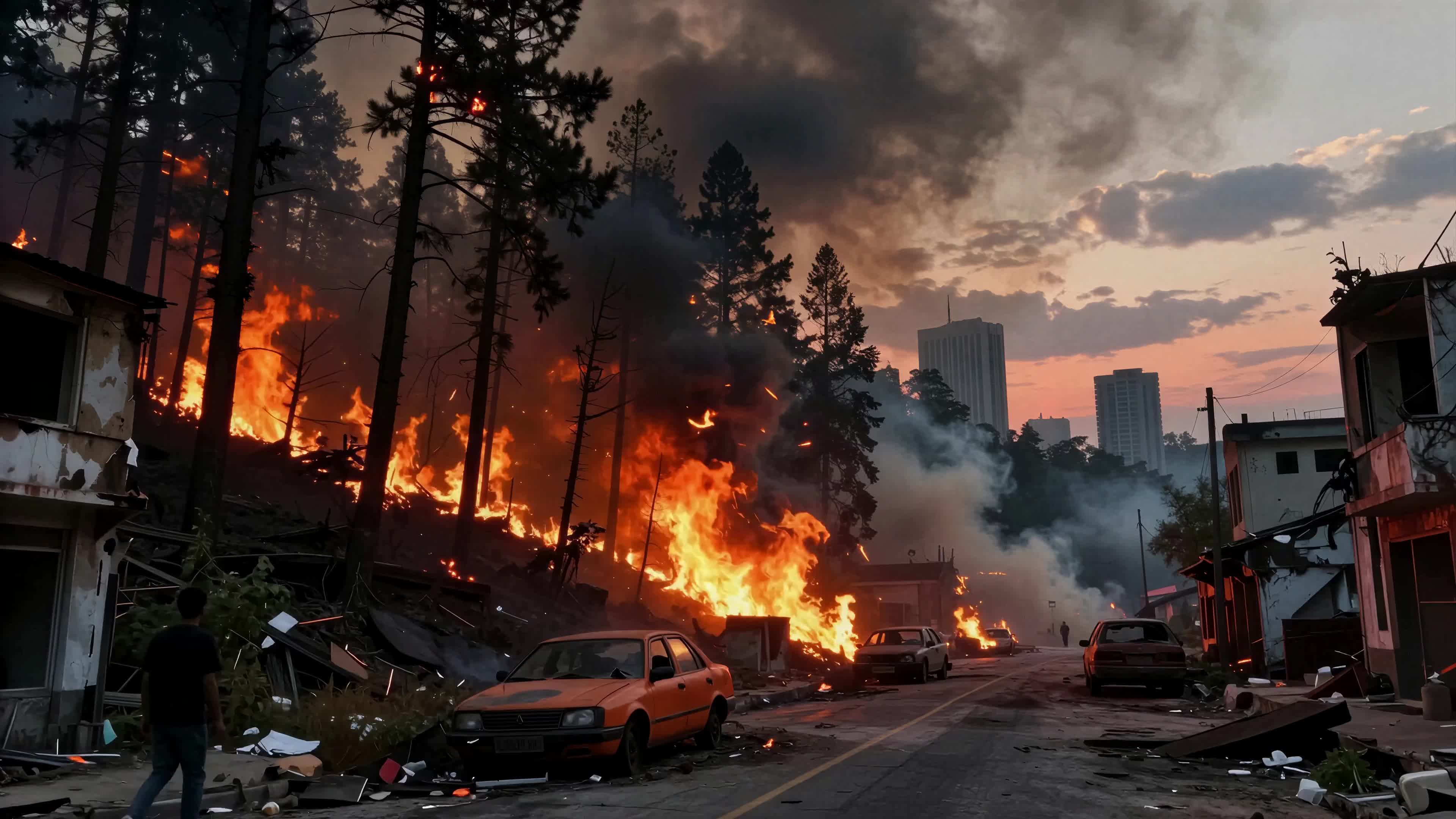 Burning city streets during massive wildfire disaster with towering smoke plumes and flaming wreckage near high-rise skyline