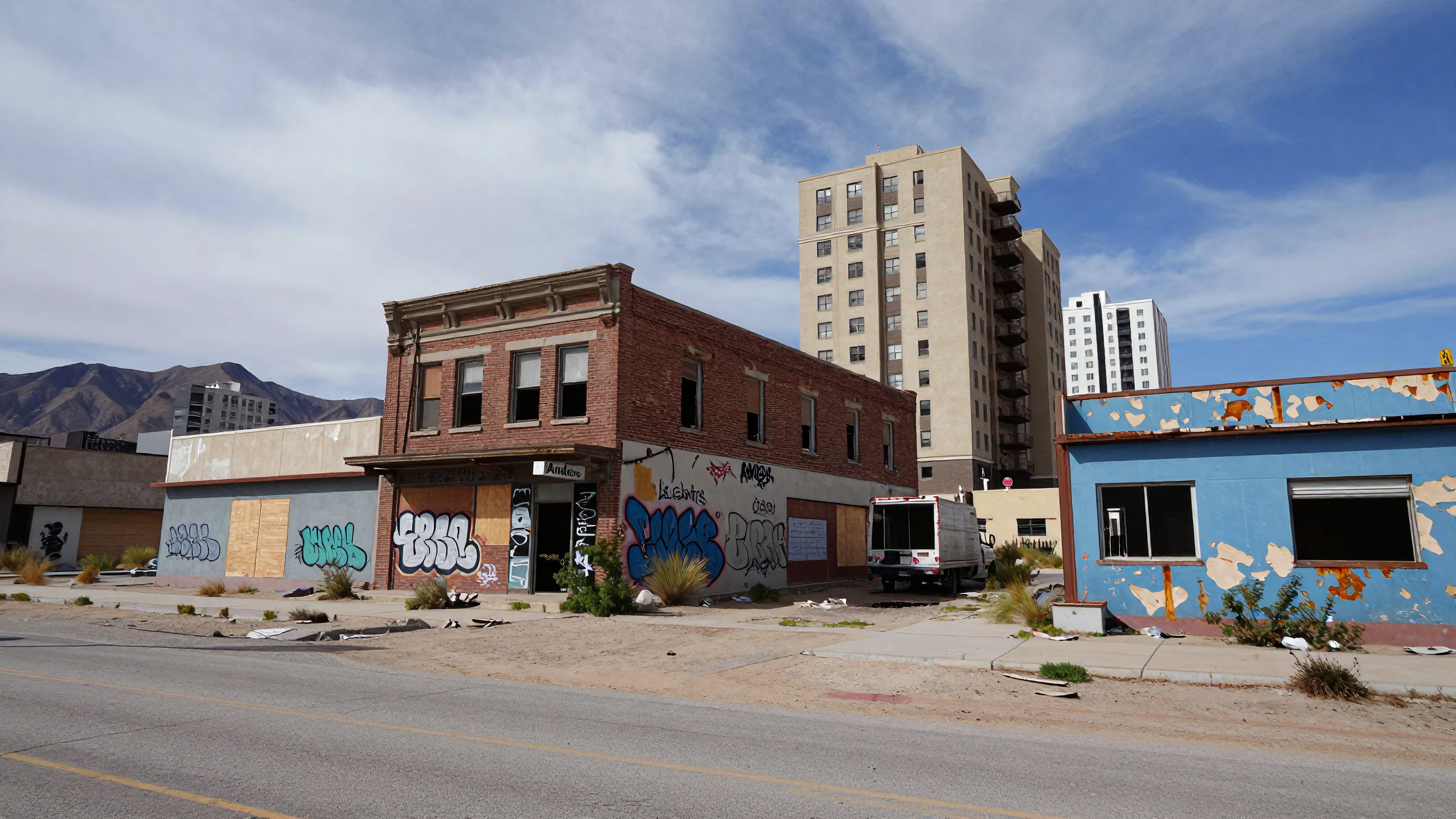 Abandoned Urban Street with Graffiti-Covered Buildings