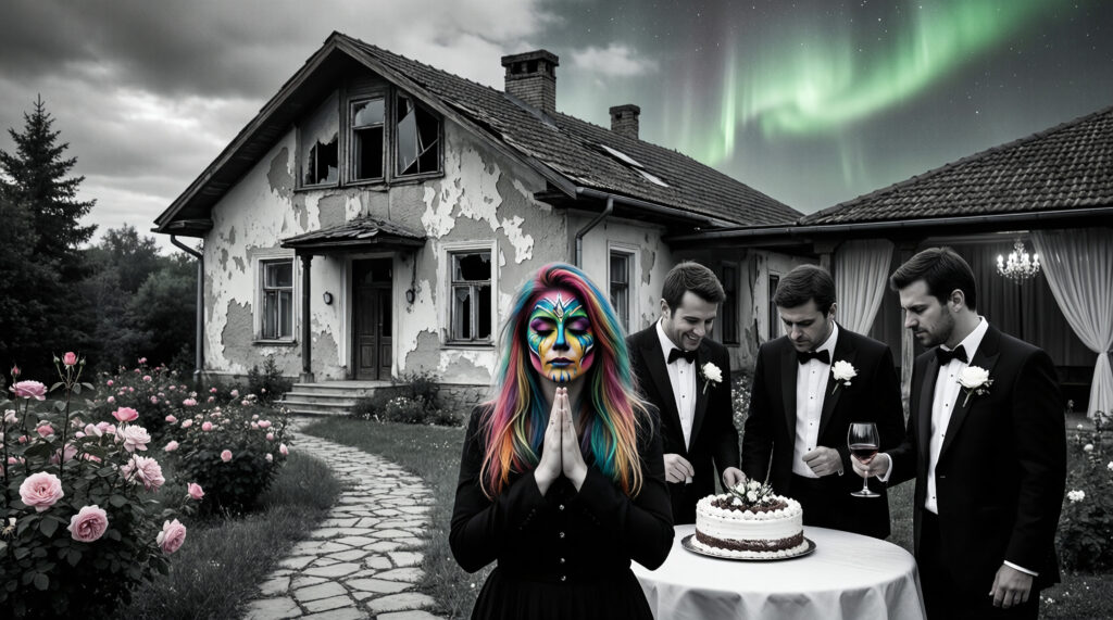 Face Painted Figure with Groomsmen and Aurora Borealis