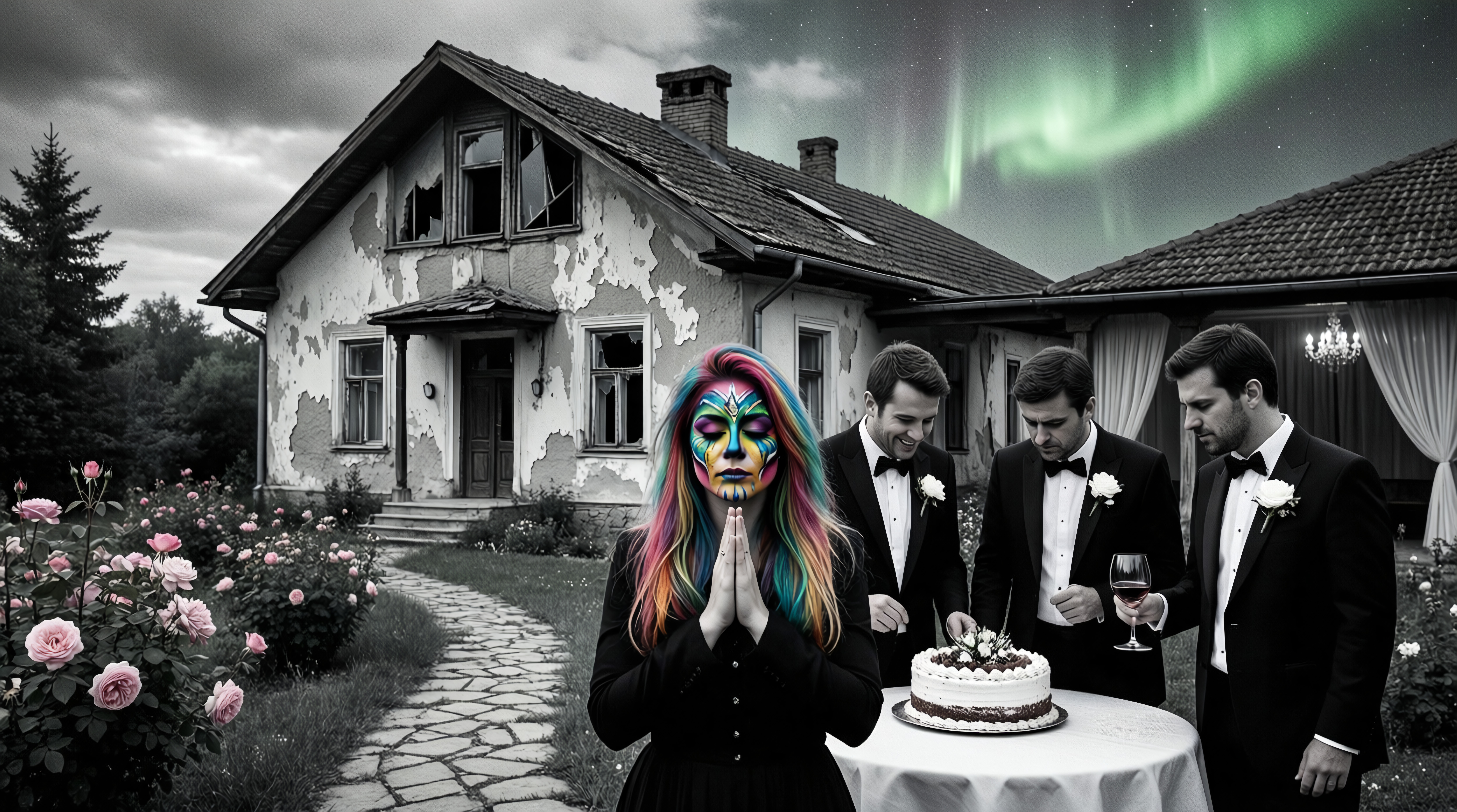 Colorful Face Painted Figure with Groomsmen and Aurora Borealis Wedding Scene