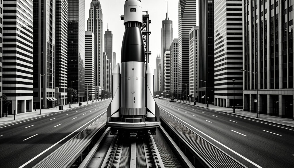 Rocket on Urban Rail in Black and White Cityscape