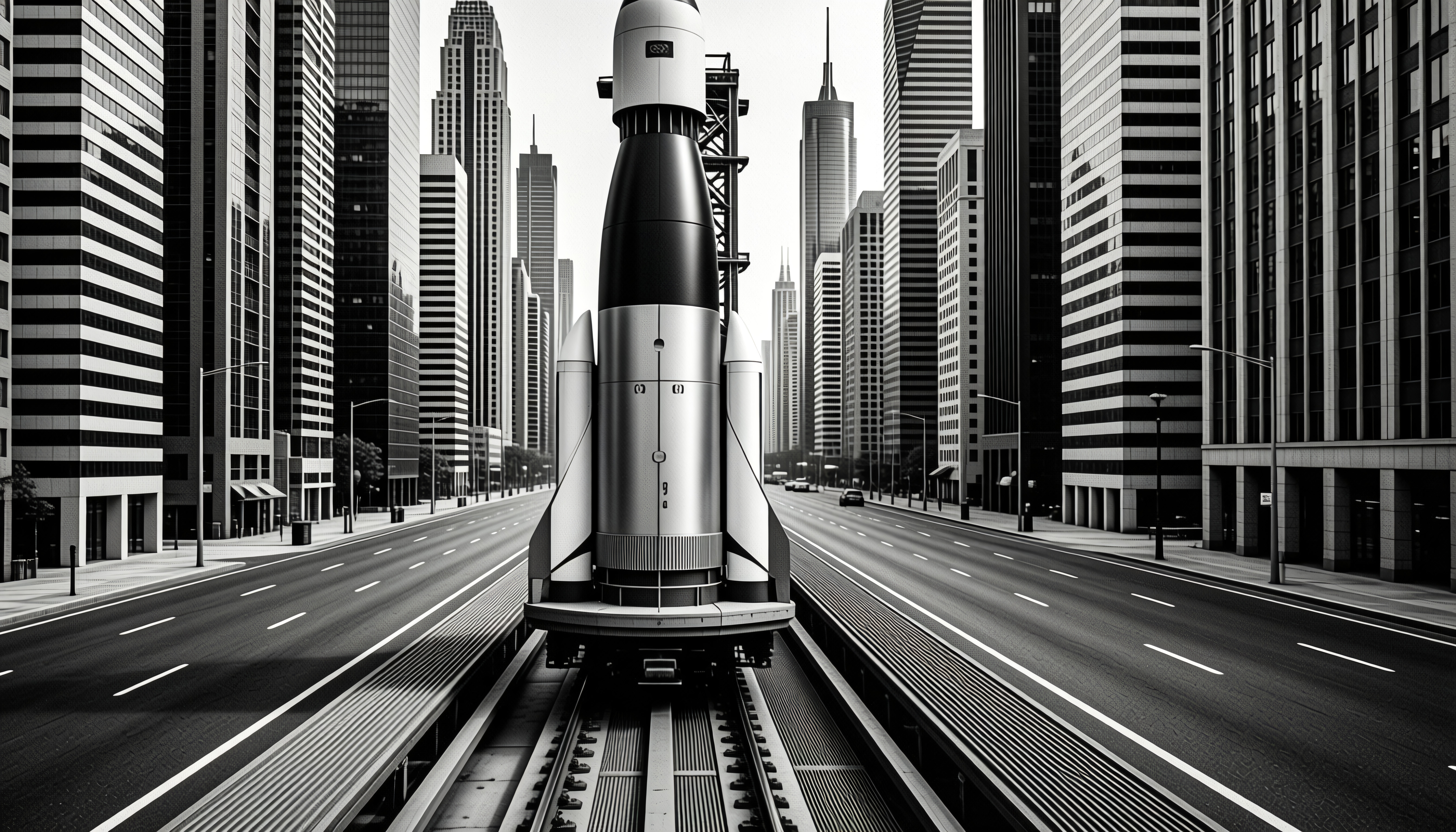 Rocket on Urban Rail in Black and White Cityscape