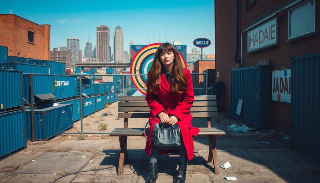 Woman in Red Coat on Urban Bench
