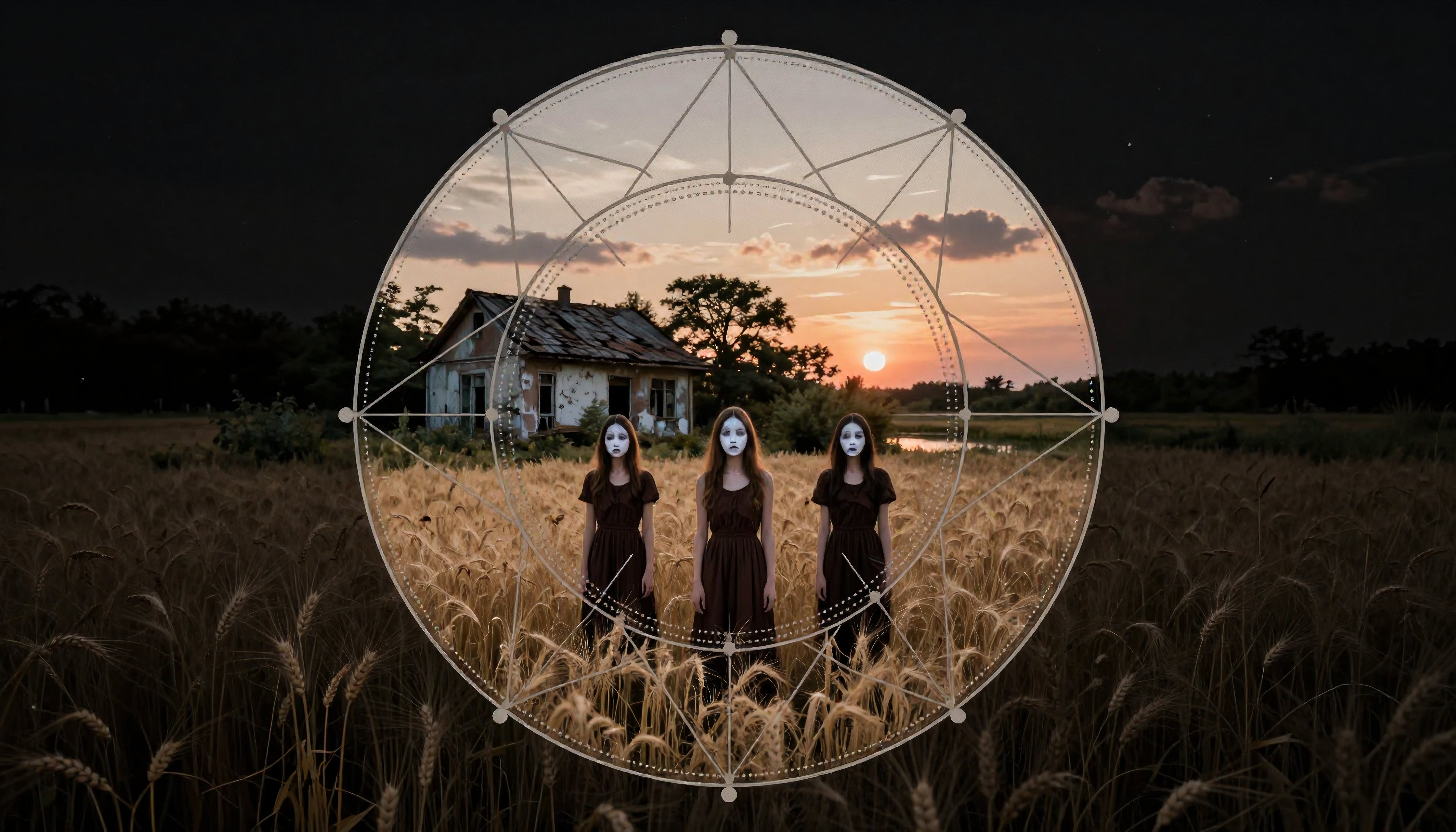 Three Women in Wheat Field with Sunset and Geometric Circle