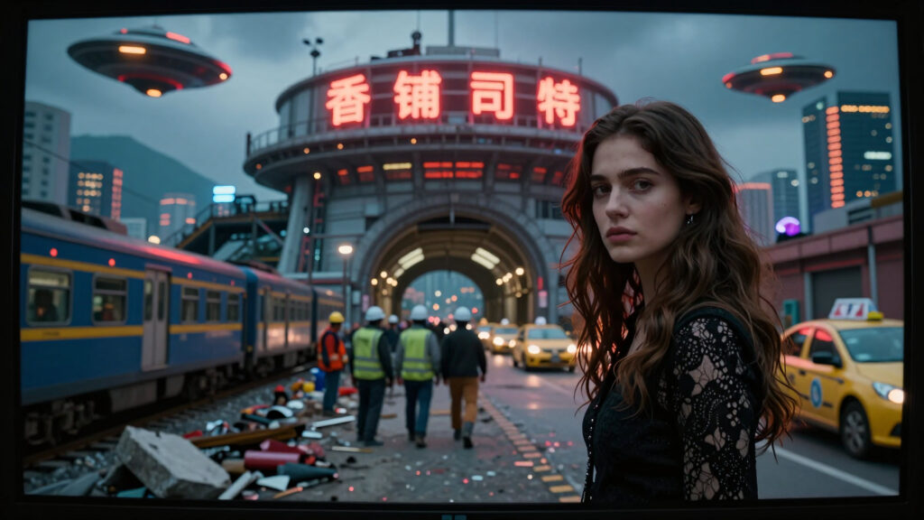 Street Portrait in an Urban Chinatown Setting with Train Passing Through