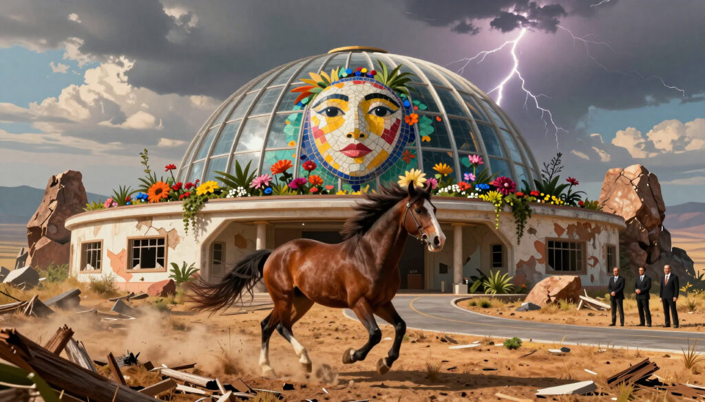 Mosaic Dome Building with Running Horse and Stormy Sky
